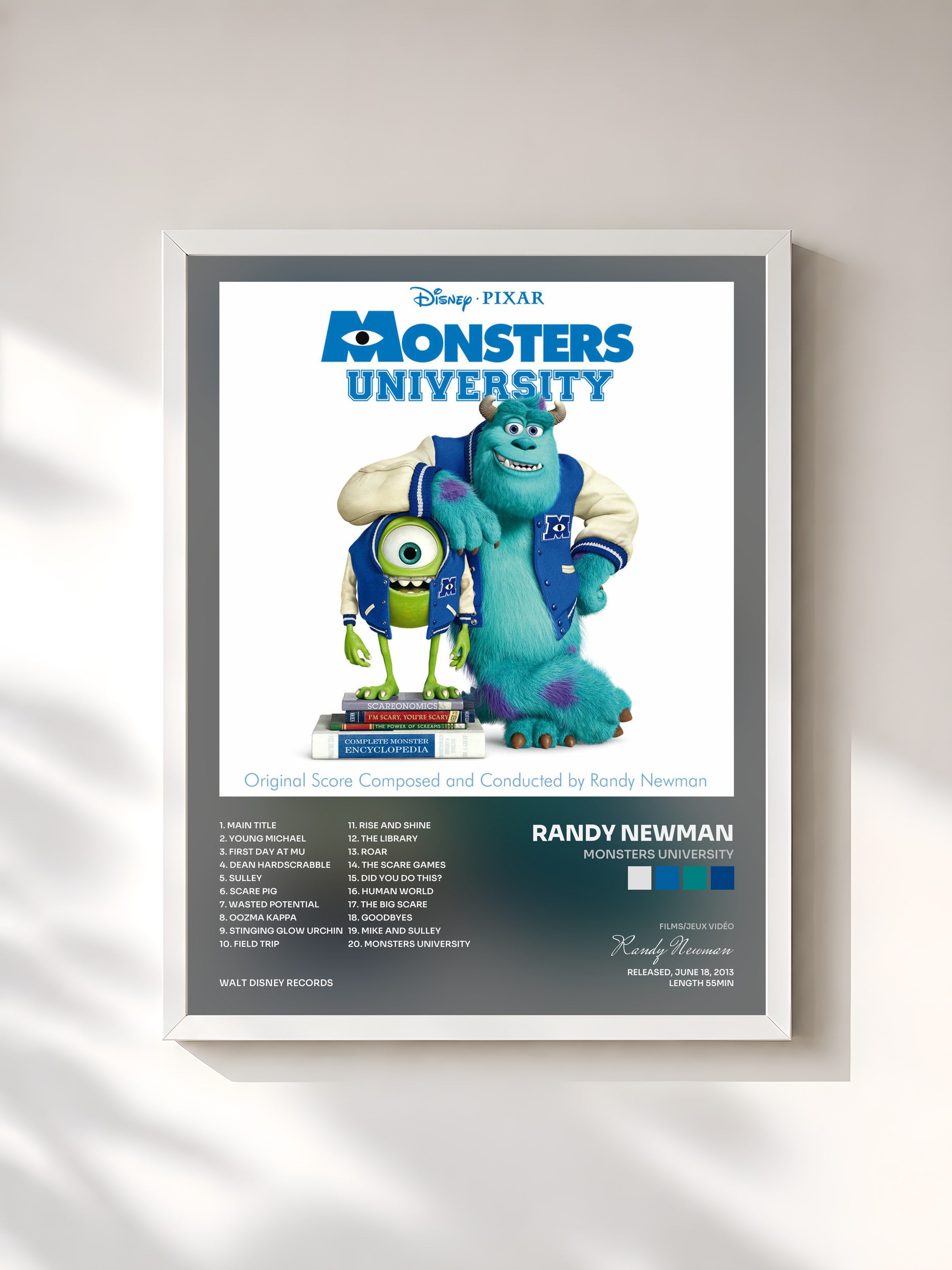 #blanc Tableau de l'album Monsters University de Randy Newman, cadre blanc, imprimé et encadré en France