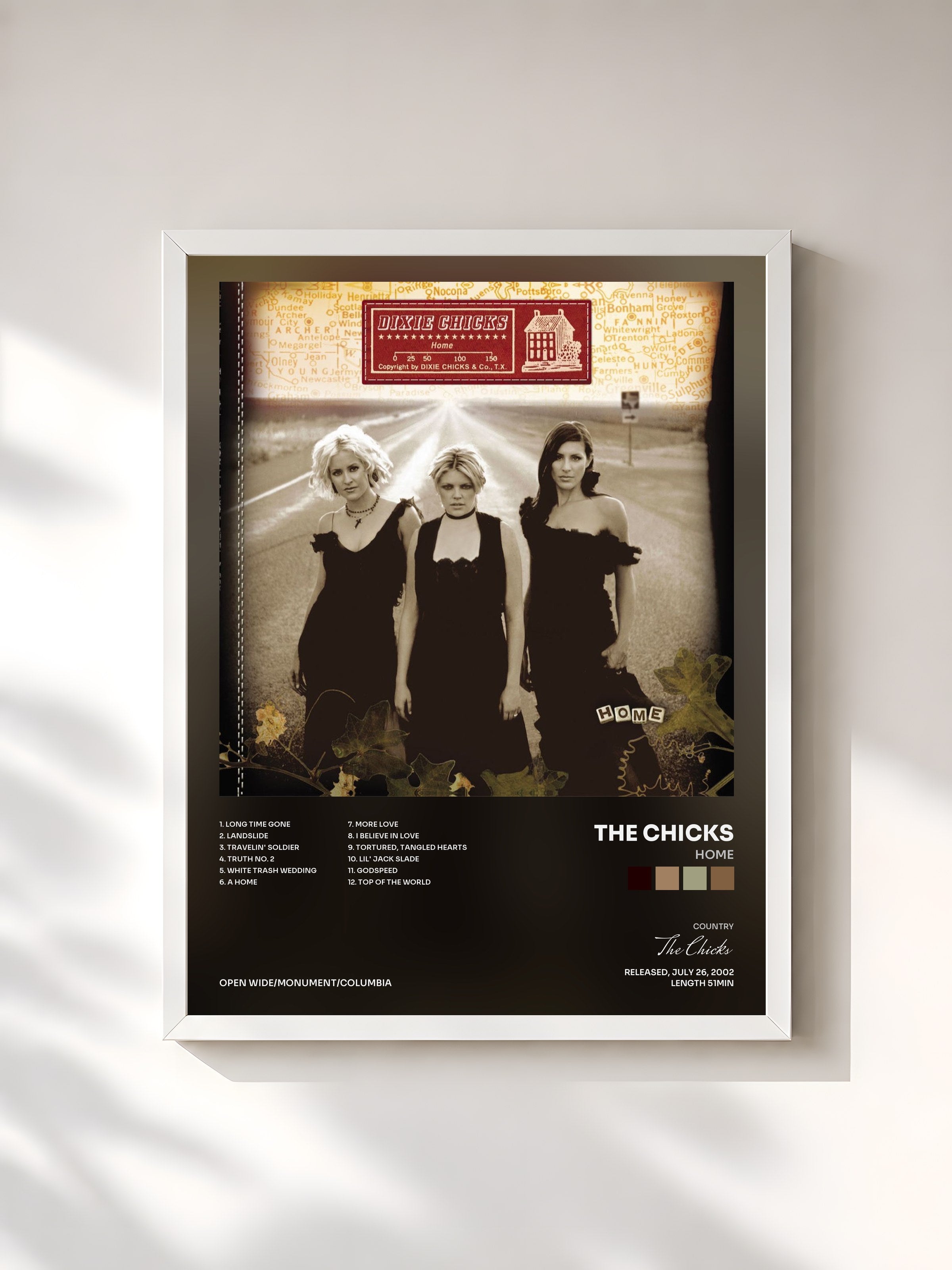 #blanc Tableau de l'album Home de The Chicks, cadre blanc, imprimé et encadré en France