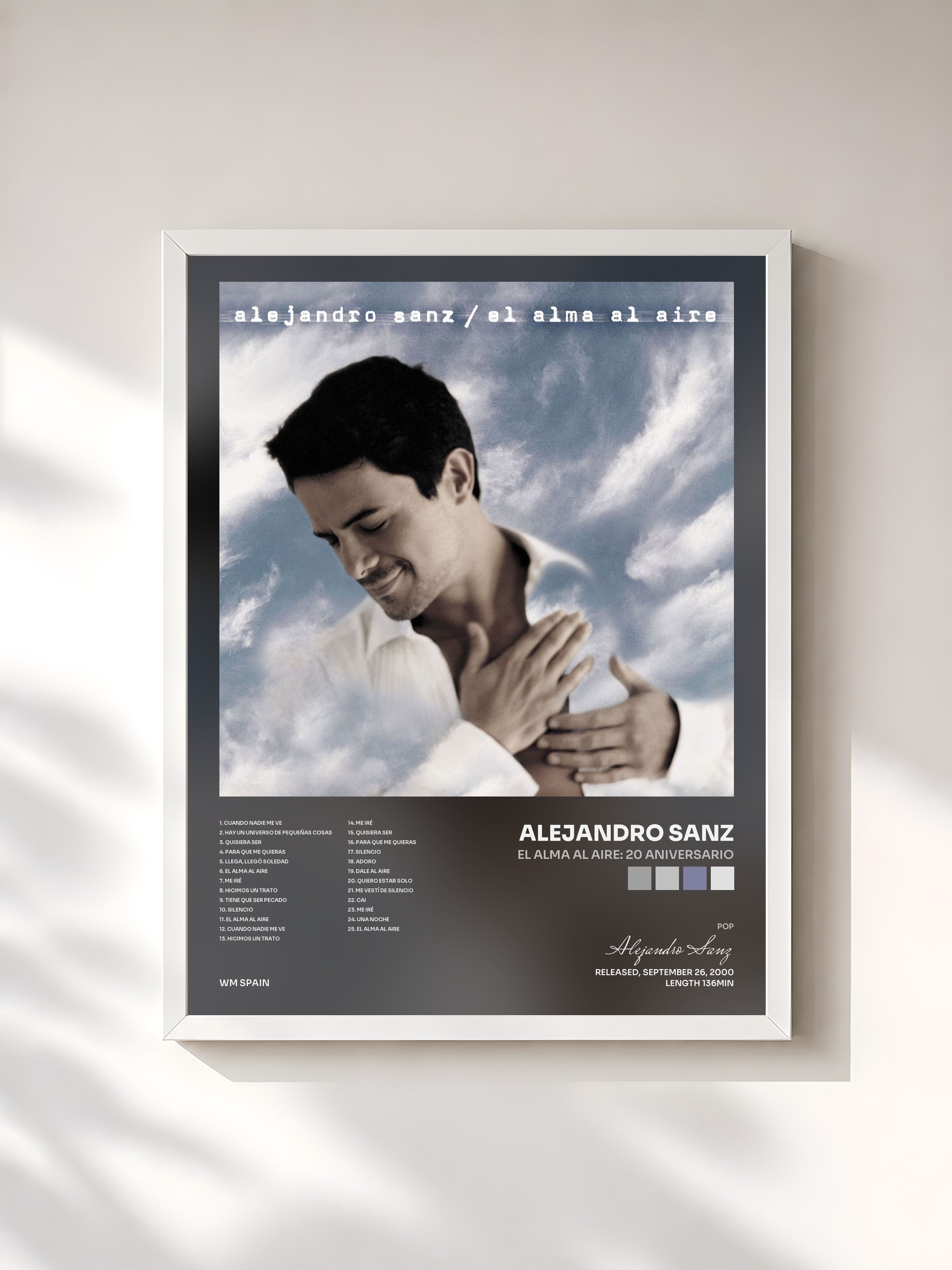 #blanc Tableau de l'album El alma al aire: 20 Aniversario de Alejandro Sanz, cadre blanc, imprimé et encadré en France