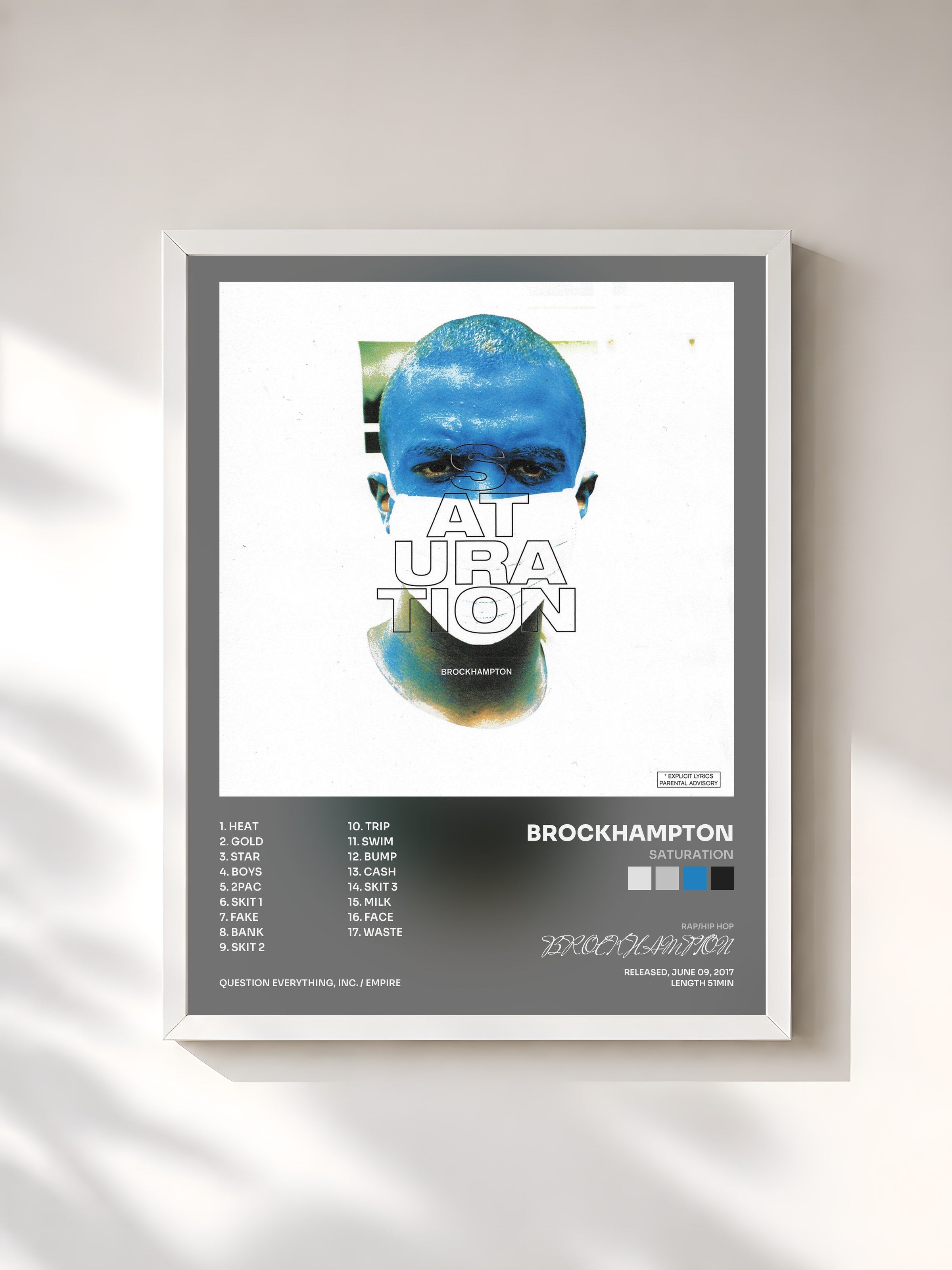 #blanc Tableau de l'album SATURATION de BROCKHAMPTON, cadre blanc, imprimé et encadré en France