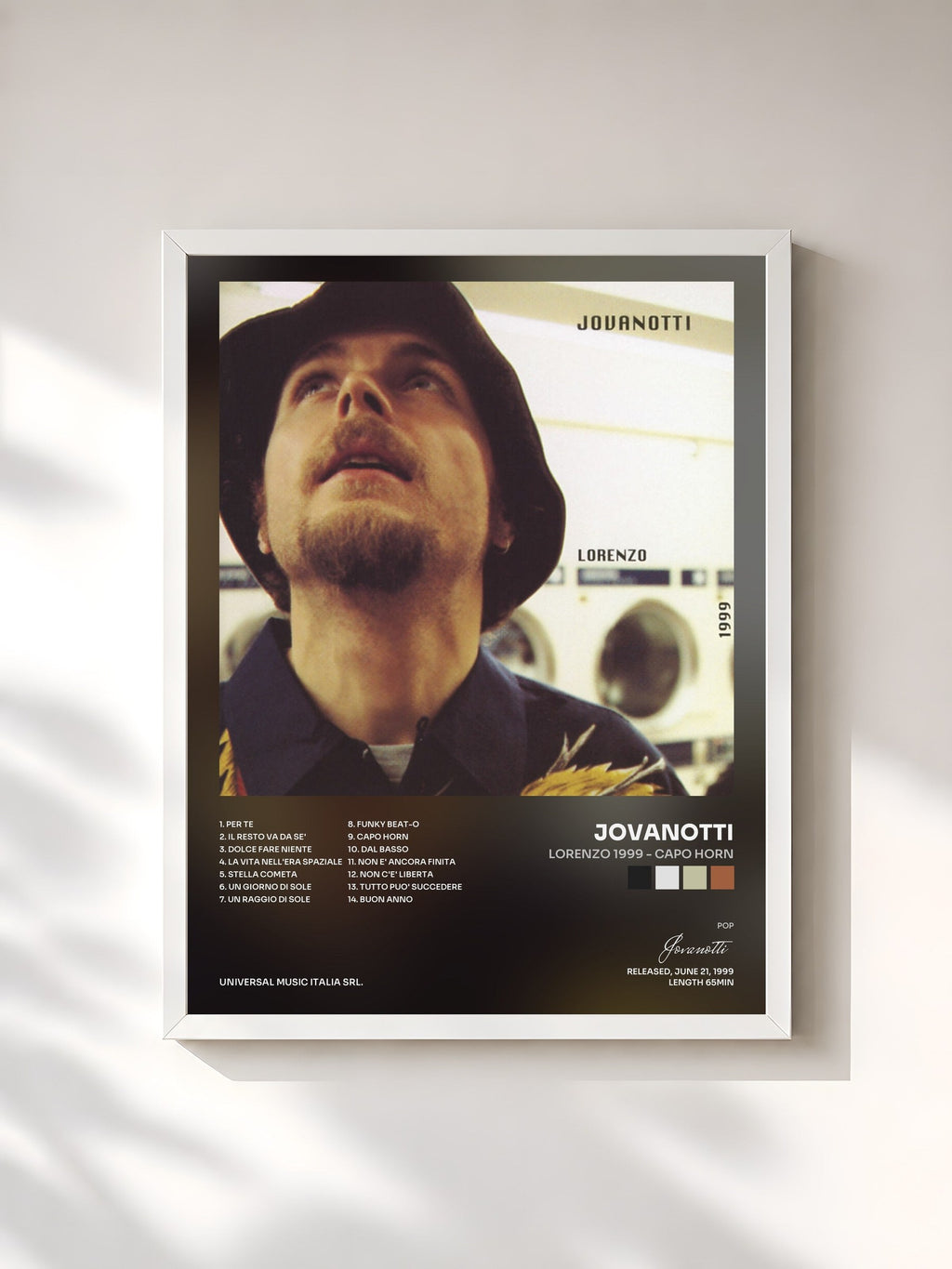 #blanc Tableau de l'album Lorenzo 1999 - Capo Horn de Jovanotti, cadre blanc, imprimé et encadré en France