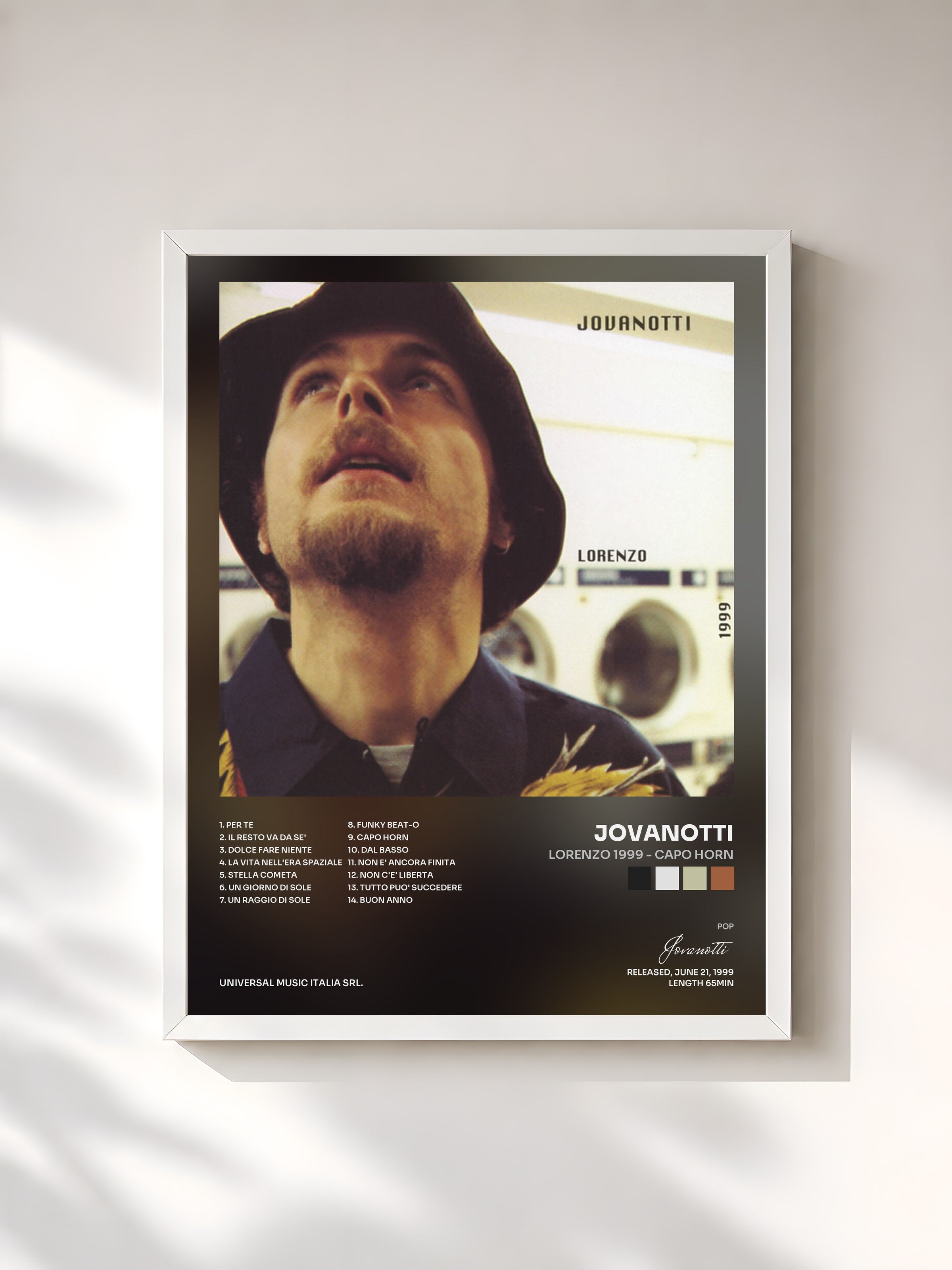 #blanc Tableau de l'album Lorenzo 1999 - Capo Horn de Jovanotti, cadre blanc, imprimé et encadré en France