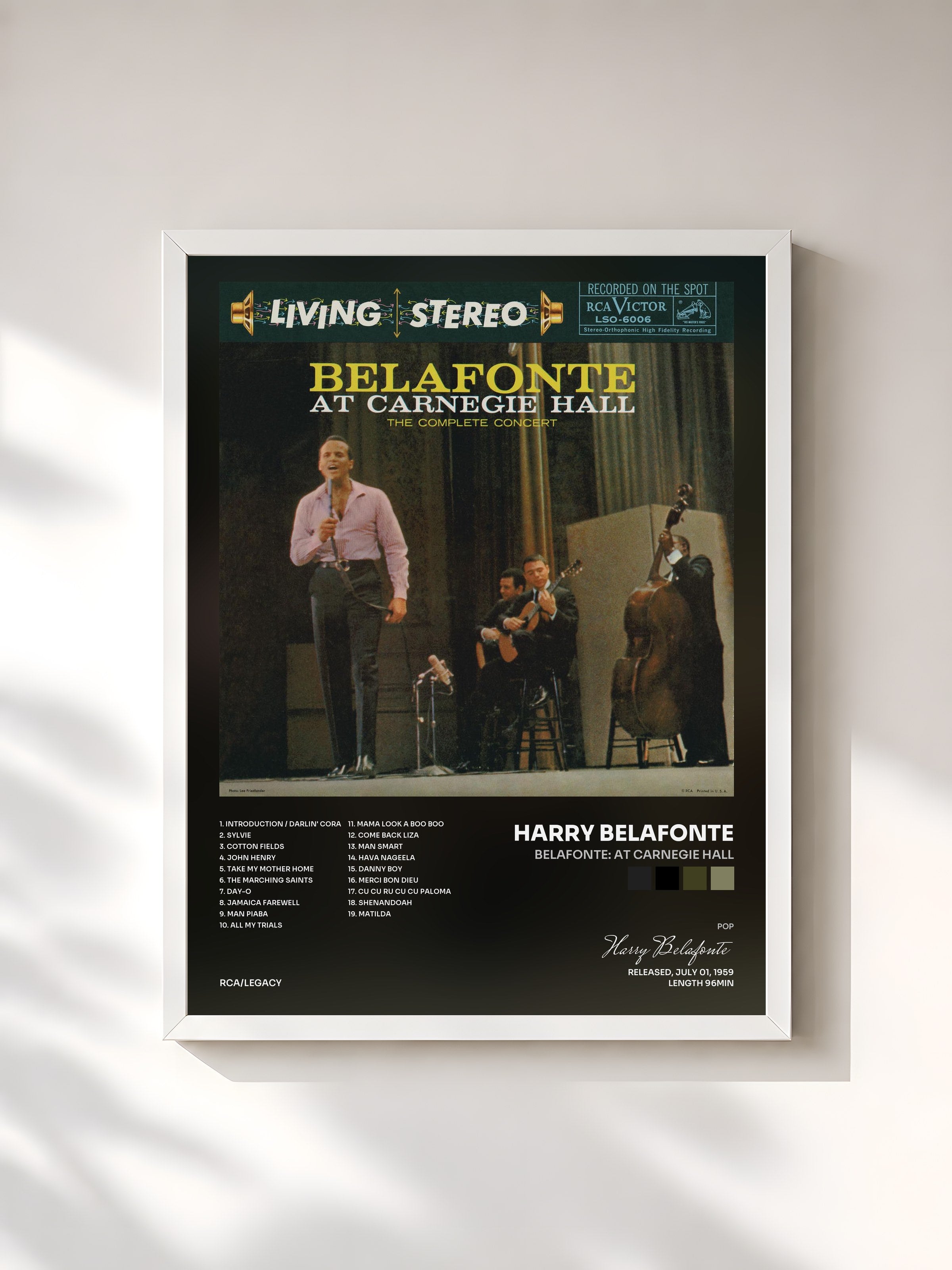 #blanc Tableau de l'album Belafonte: At Carnegie Hall de Harry Belafonte, cadre blanc, imprimé et encadré en France