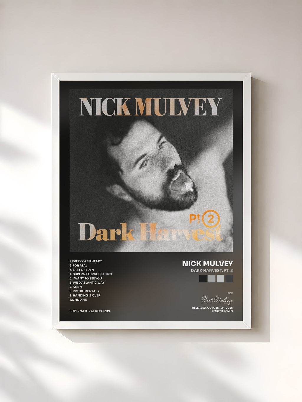 #blanc Tableau de l'album Dark Harvest, Pt. 2 de Nick Mulvey, cadre blanc, imprimé et encadré en France