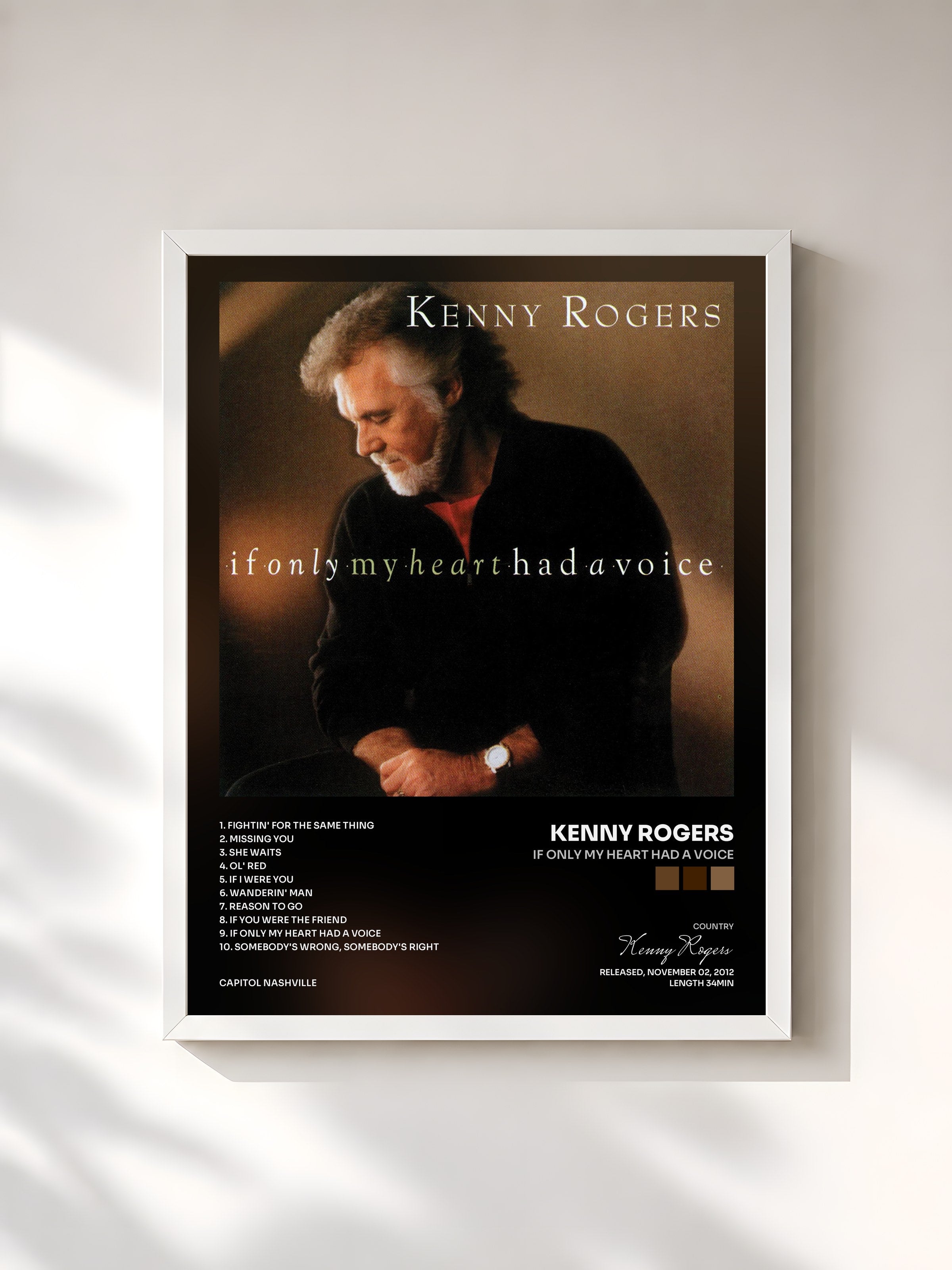 #blanc Tableau de l'album If Only My Heart Had a Voice de Kenny Rogers, cadre blanc, imprimé et encadré en France