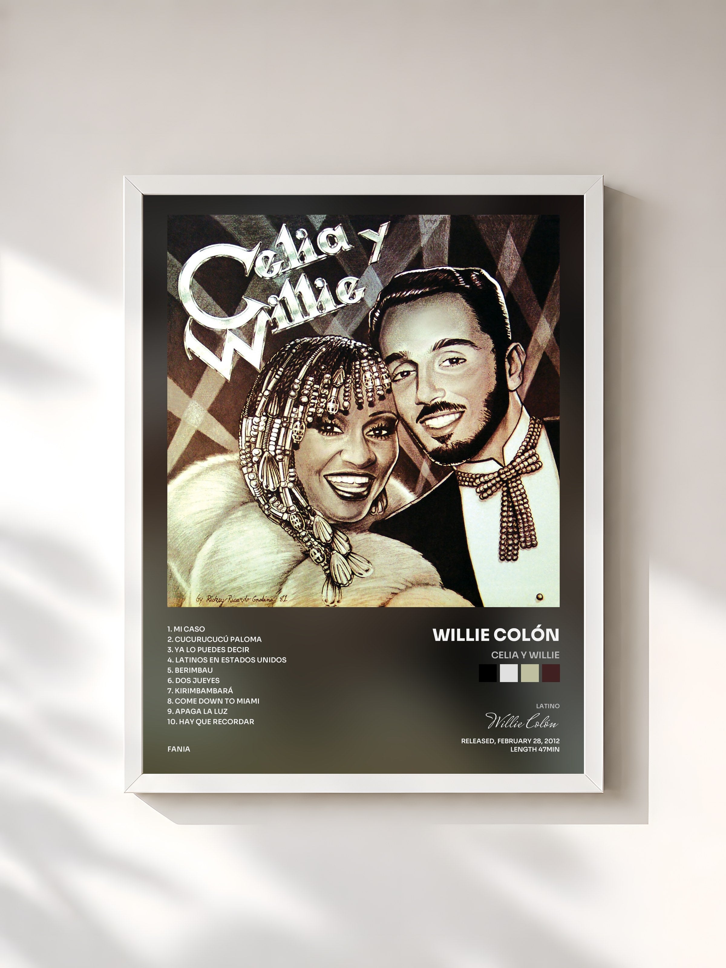 #blanc Tableau de l'album Celia y Willie de Willie Colón, cadre blanc, imprimé et encadré en France