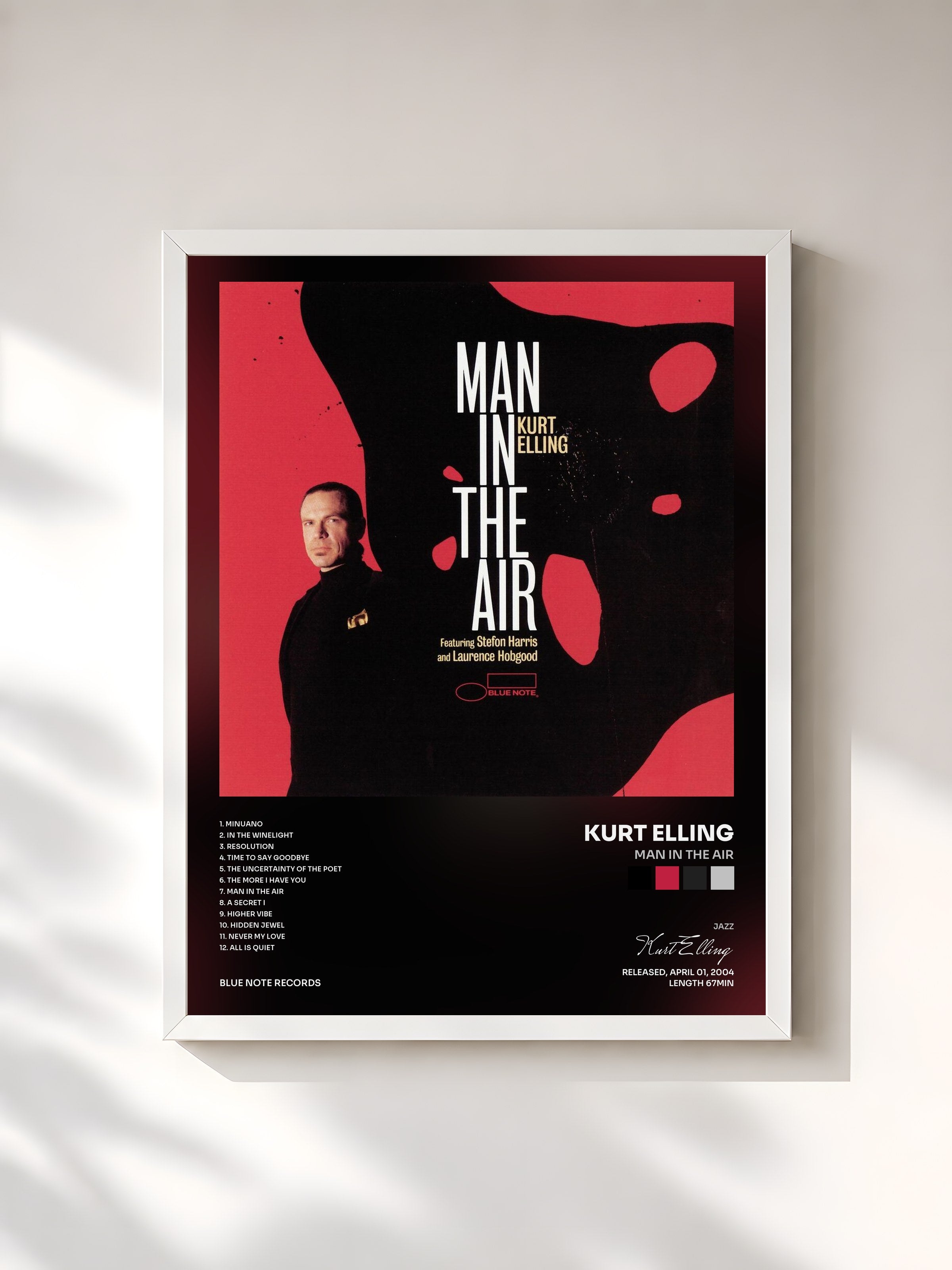 #blanc Tableau de l'album Man In The Air de Kurt Elling, cadre blanc, imprimé et encadré en France