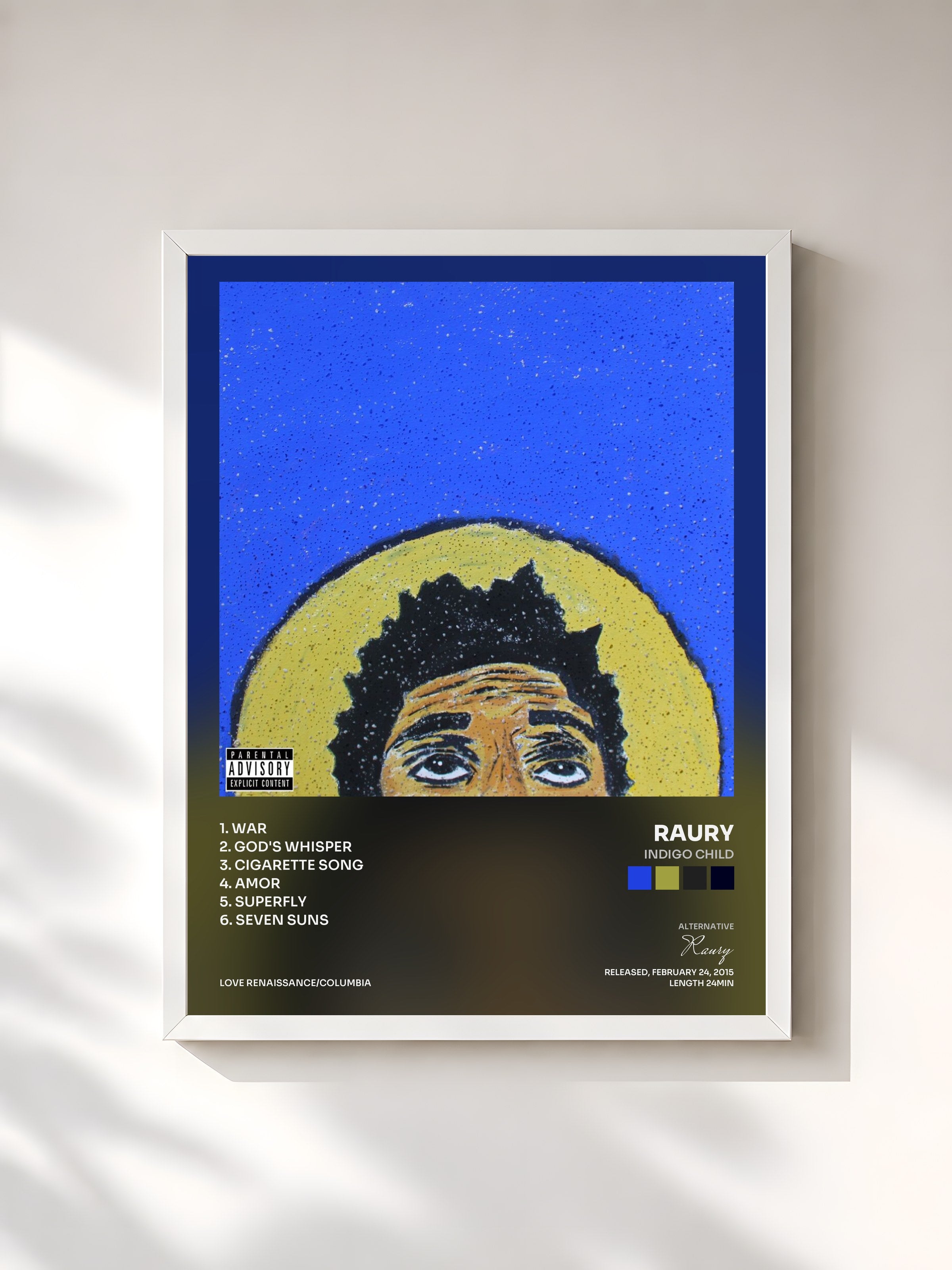 #blanc Tableau de l'album Indigo Child de Raury, cadre blanc, imprimé et encadré en France