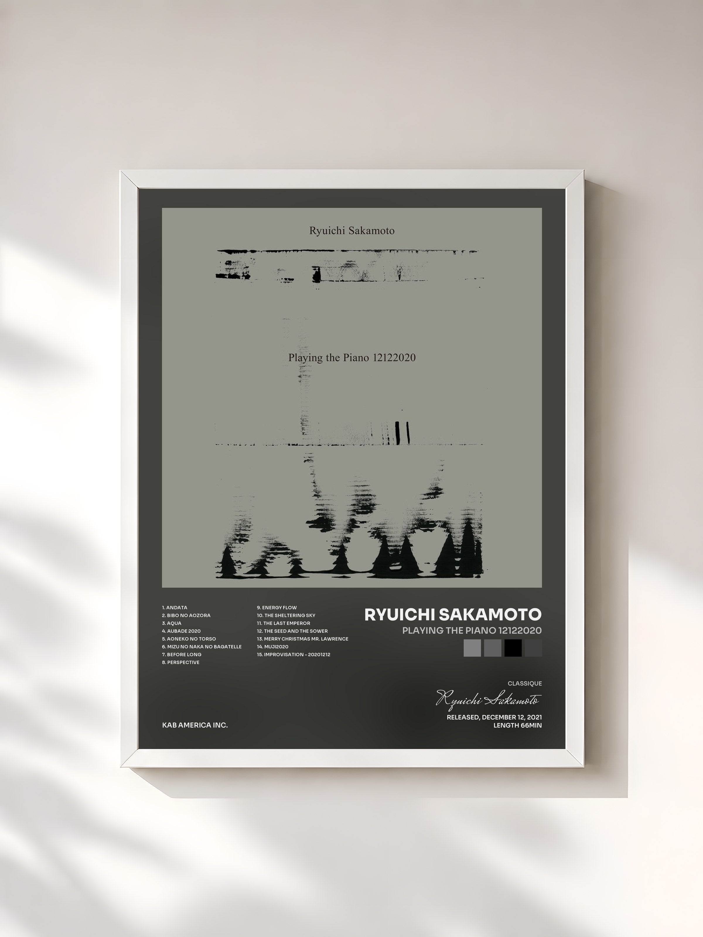 #blanc Tableau de l'album Playing the Piano 12122020 de Ryuichi Sakamoto, cadre blanc, imprimé et encadré en France