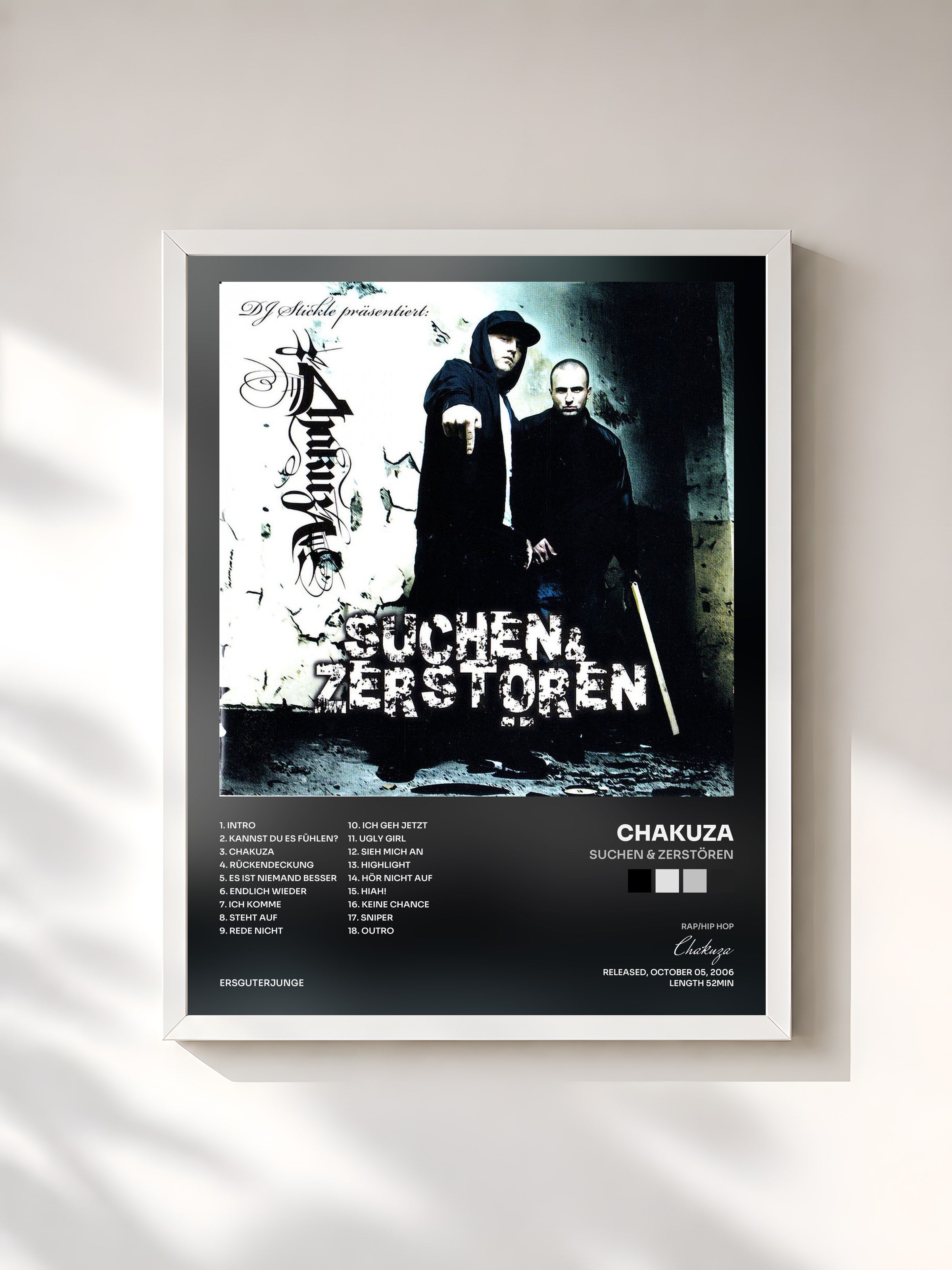 #blanc Tableau de l'album Suchen & Zerstören de Chakuza, cadre blanc, imprimé et encadré en France