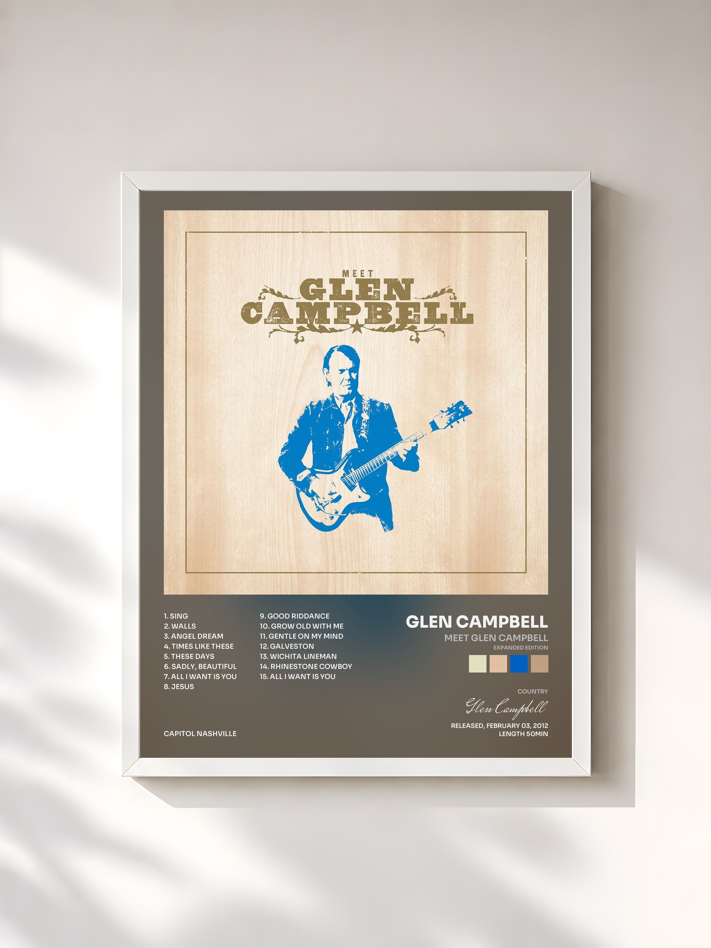 #blanc Tableau de l'album Meet Glen Campbell (Expanded Edition) de Glen Campbell, cadre blanc, imprimé et encadré en France