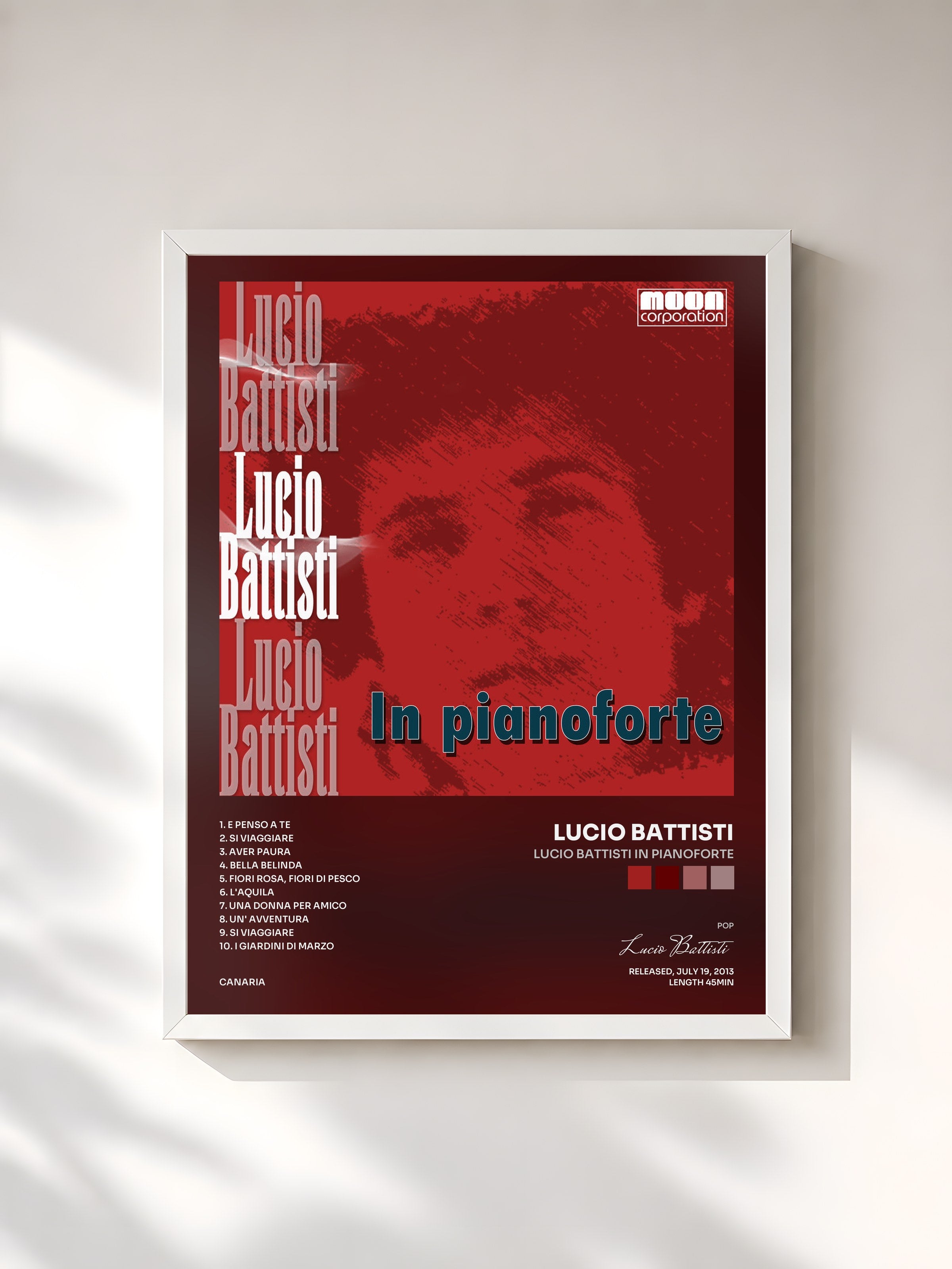 #blanc Tableau de l'album Lucio Battisti in pianoforte de Lucio Battisti, cadre blanc, imprimé et encadré en France