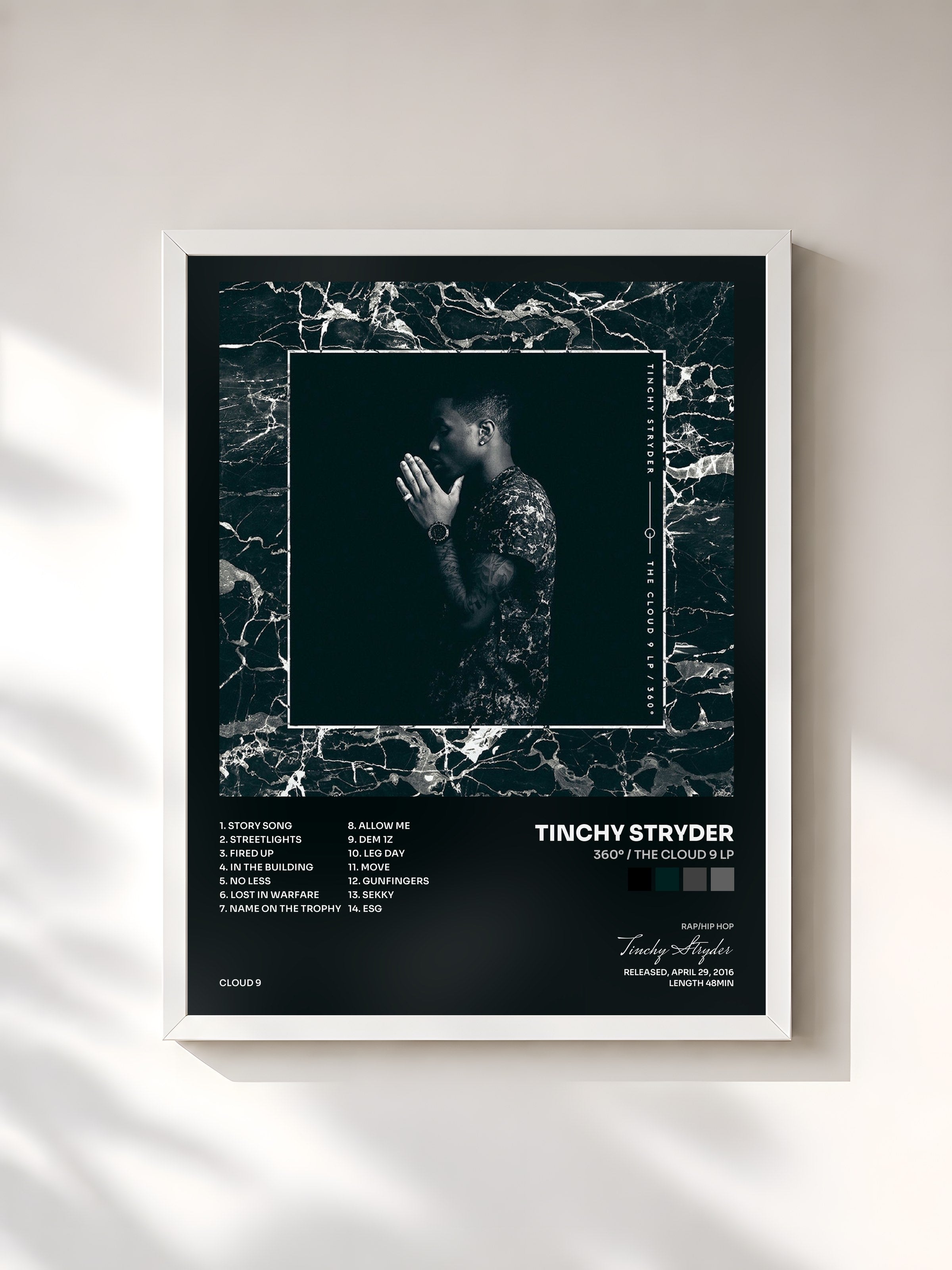 #blanc Tableau de l'album 360º / The Cloud 9 LP de Tinchy Stryder, cadre blanc, imprimé et encadré en France