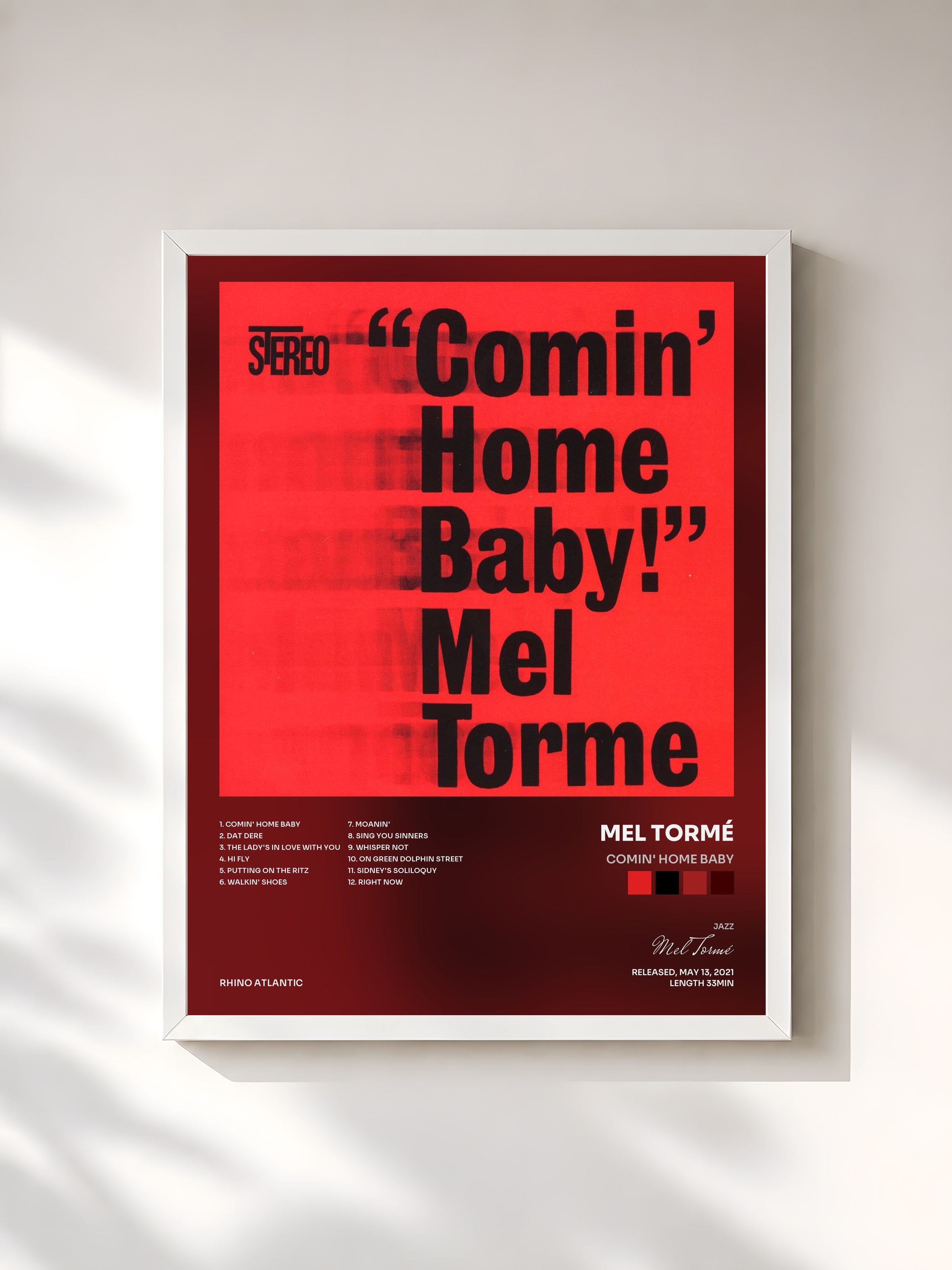#blanc Tableau de l'album Comin' Home Baby de Mel Tormé, cadre blanc, imprimé et encadré en France