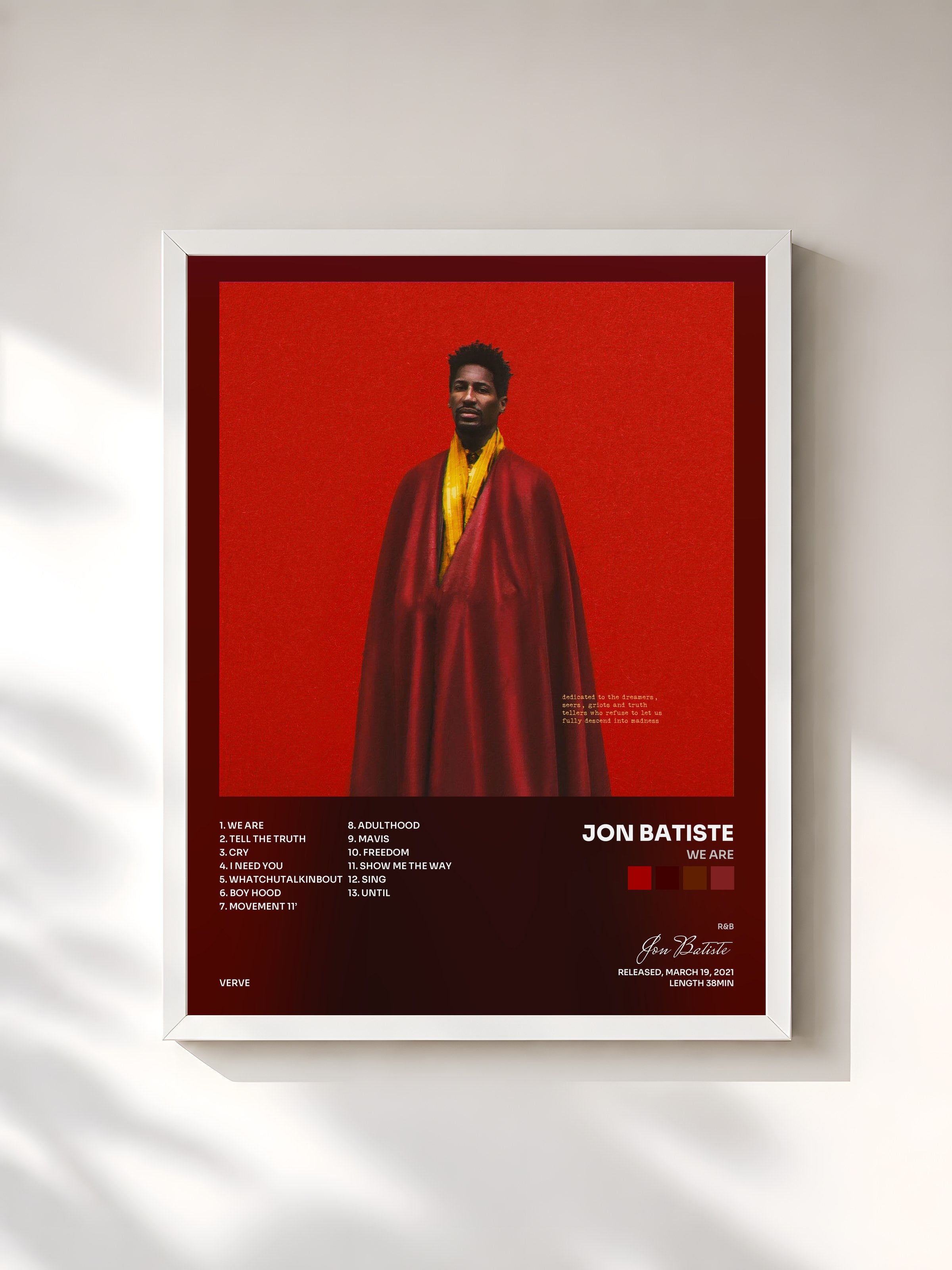 #blanc Tableau de l'album WE ARE de Jon Batiste, cadre blanc, imprimé et encadré en France