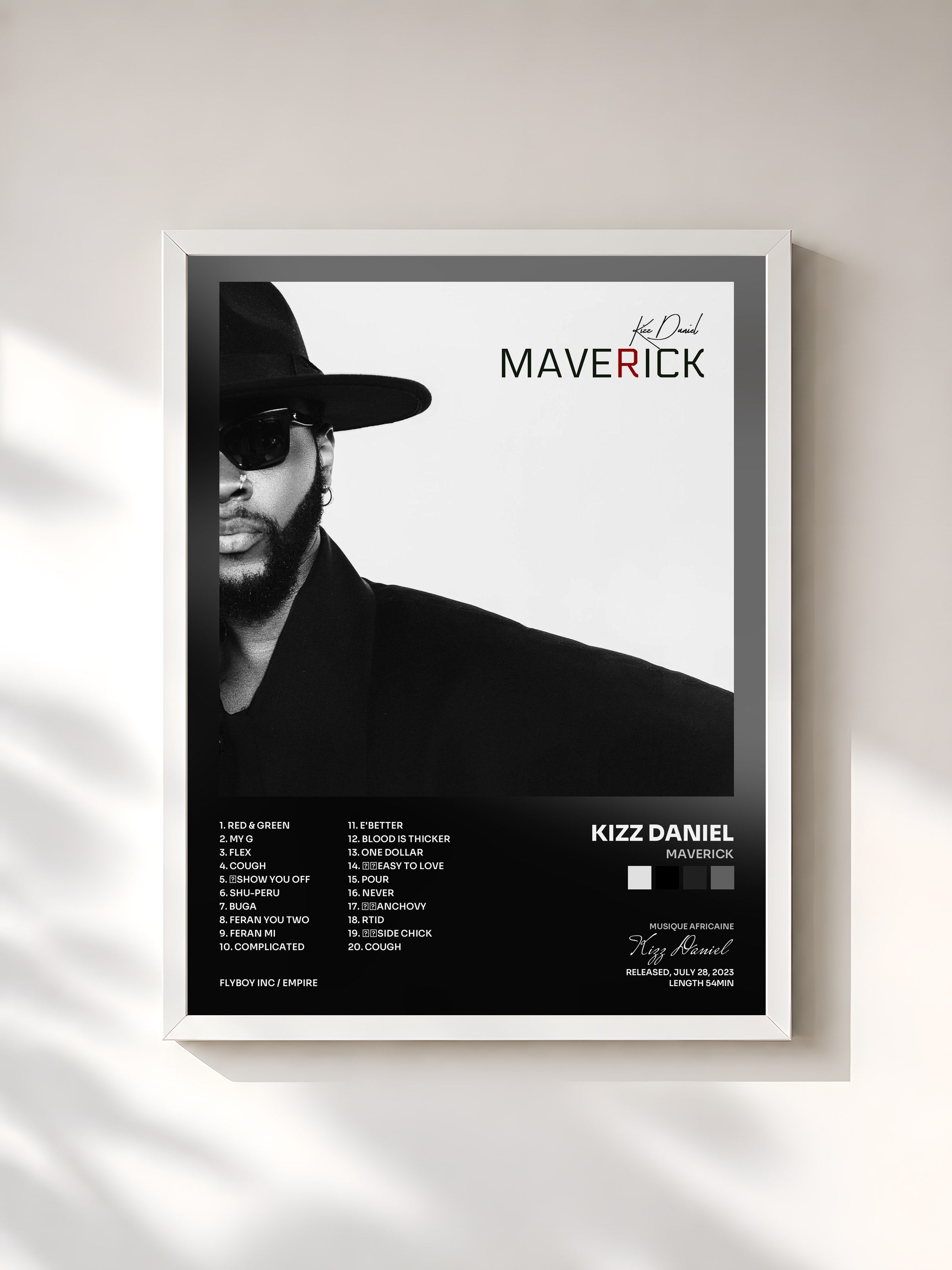 #blanc Tableau de l'album Maverick de Kizz Daniel, cadre blanc, imprimé et encadré en France