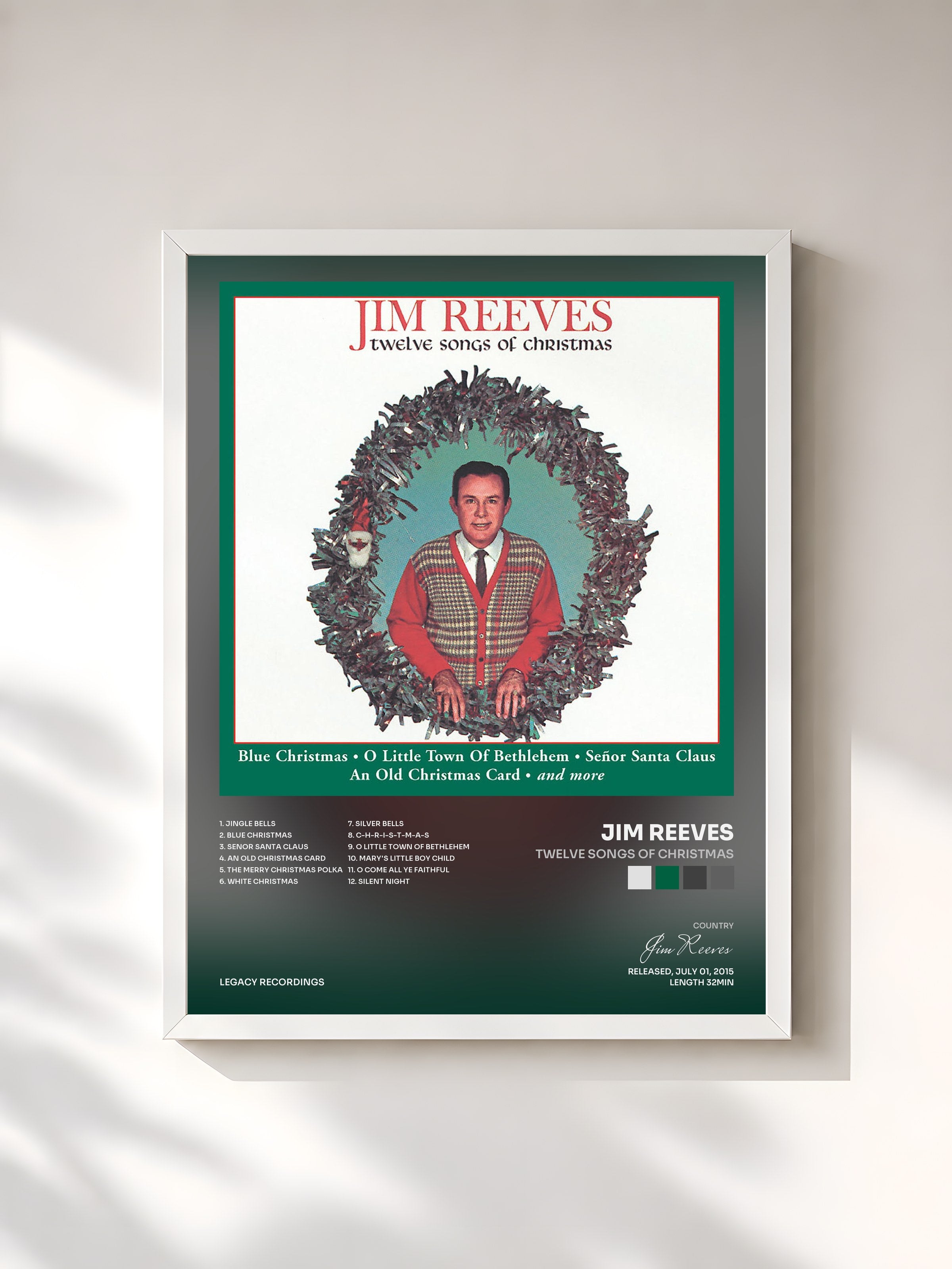 #blanc Tableau de l'album Twelve Songs of Christmas de Jim Reeves, cadre blanc, imprimé et encadré en France