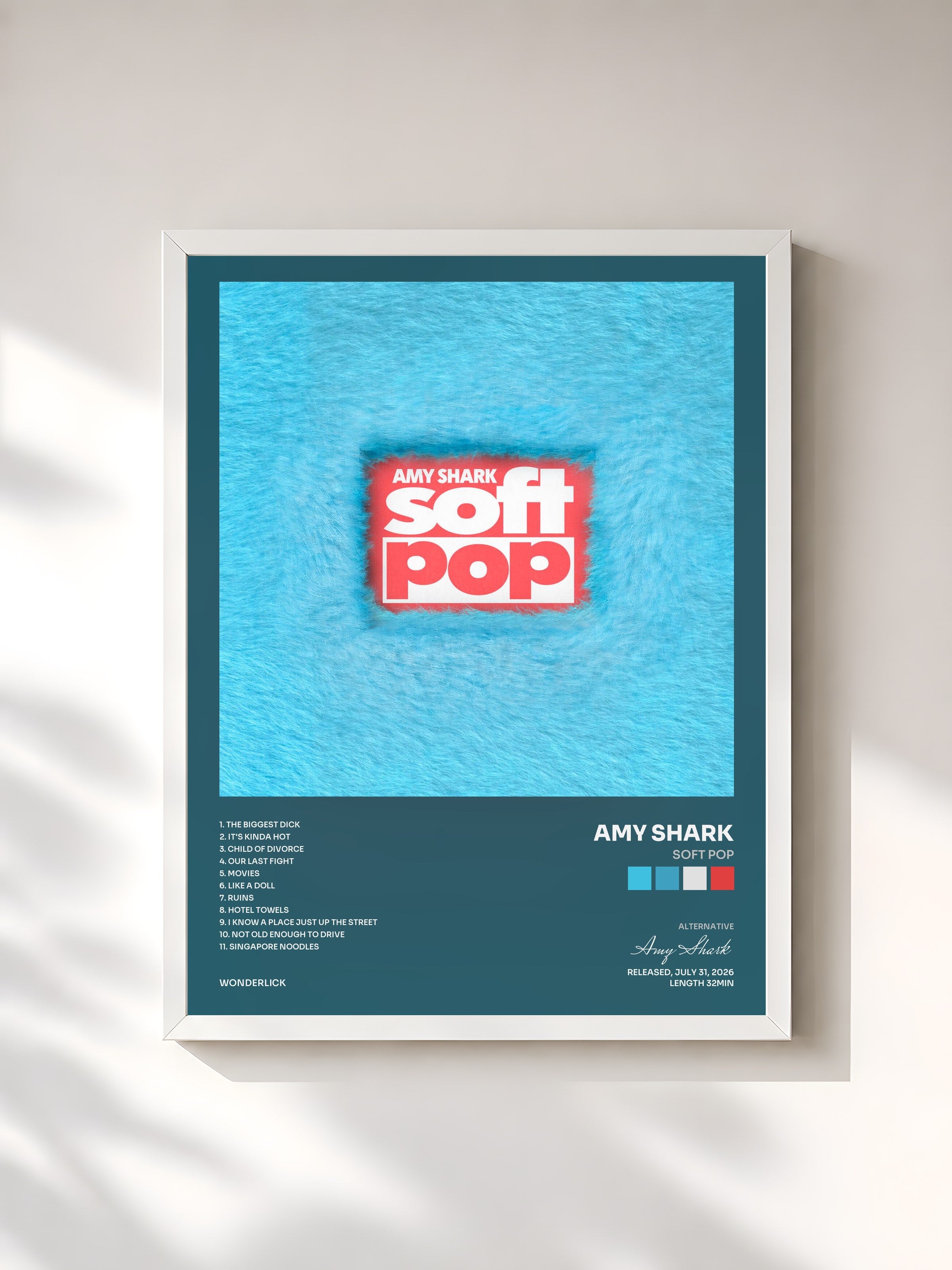 #blanc Tableau de l'album soft pop de Amy Shark, cadre blanc, imprimé et encadré en France