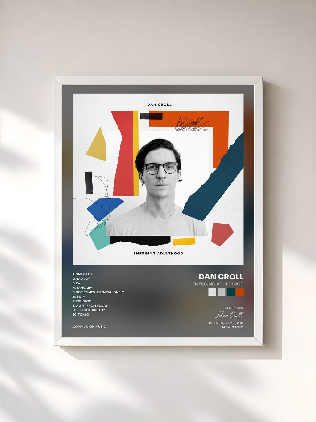 #blanc Tableau de l'album Emerging Adulthood de Dan Croll, cadre blanc, imprimé et encadré en France