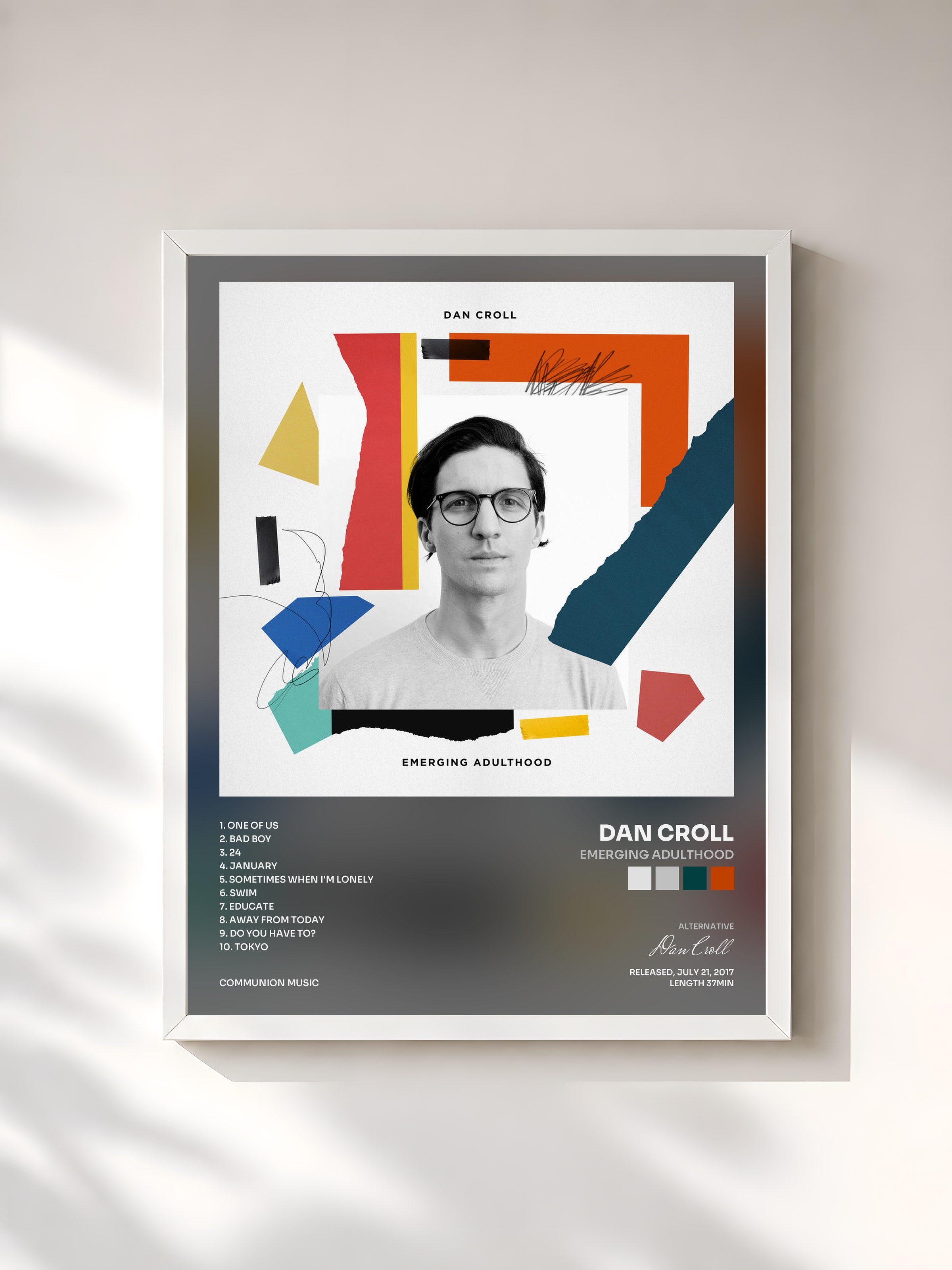 #blanc Tableau de l'album Emerging Adulthood de Dan Croll, cadre blanc, imprimé et encadré en France