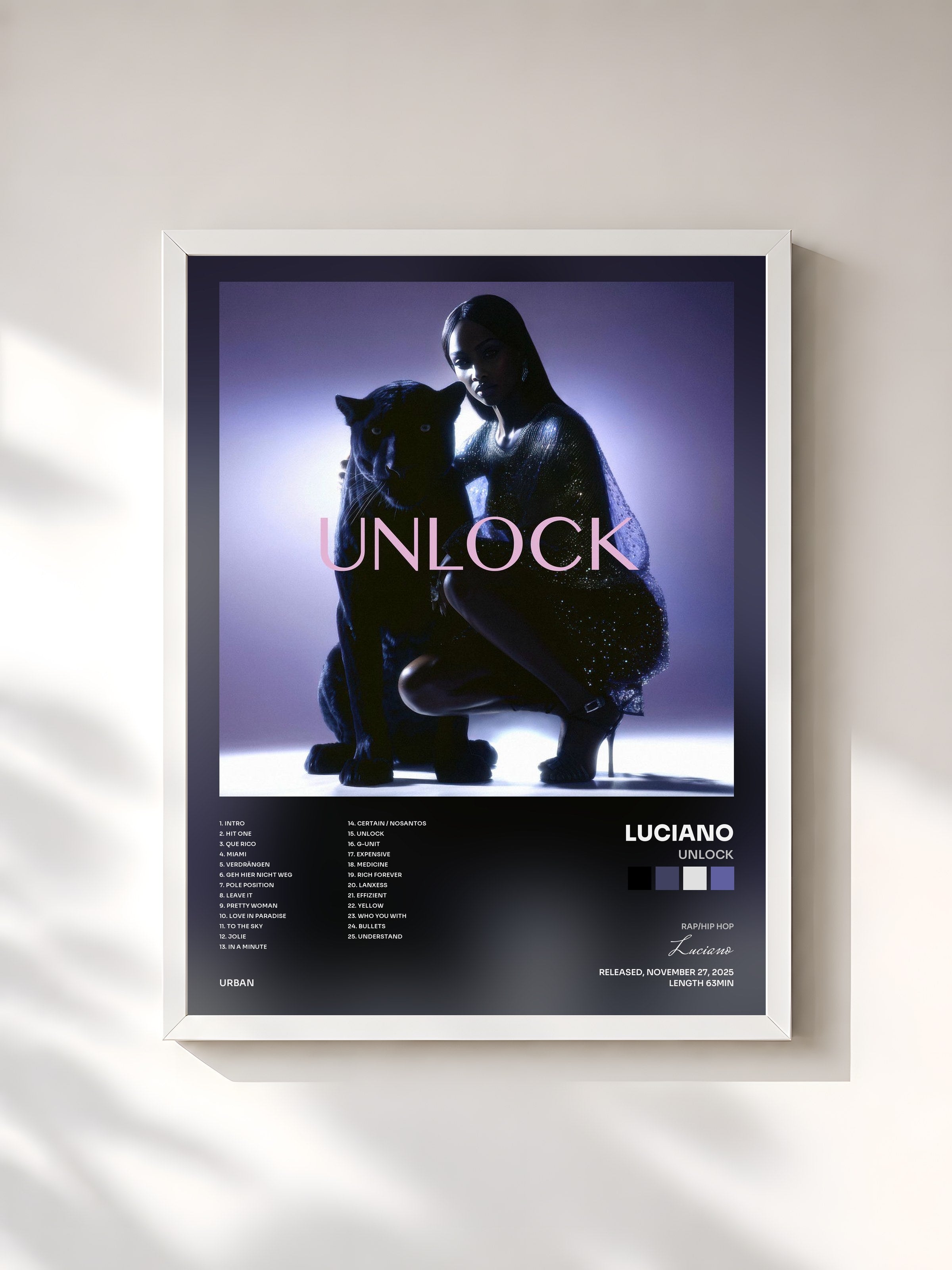 #blanc Tableau de l'album Unlock de Luciano, cadre blanc, imprimé et encadré en France