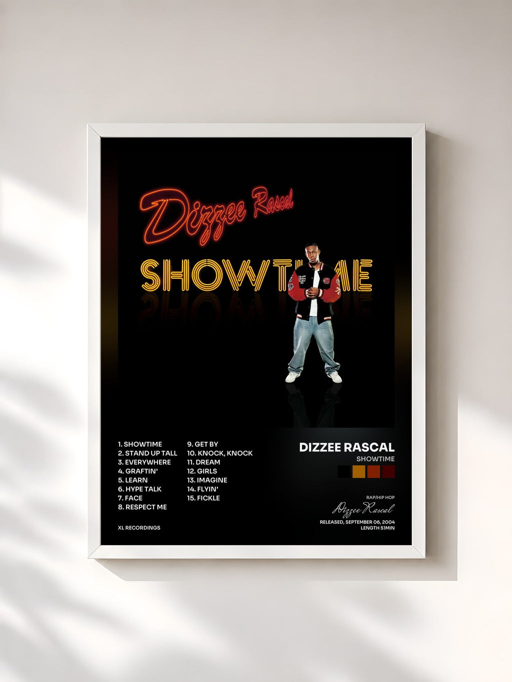 #blanc Showtime by Dizzee Rascal as a framed art print, white frame, printed and framed in France