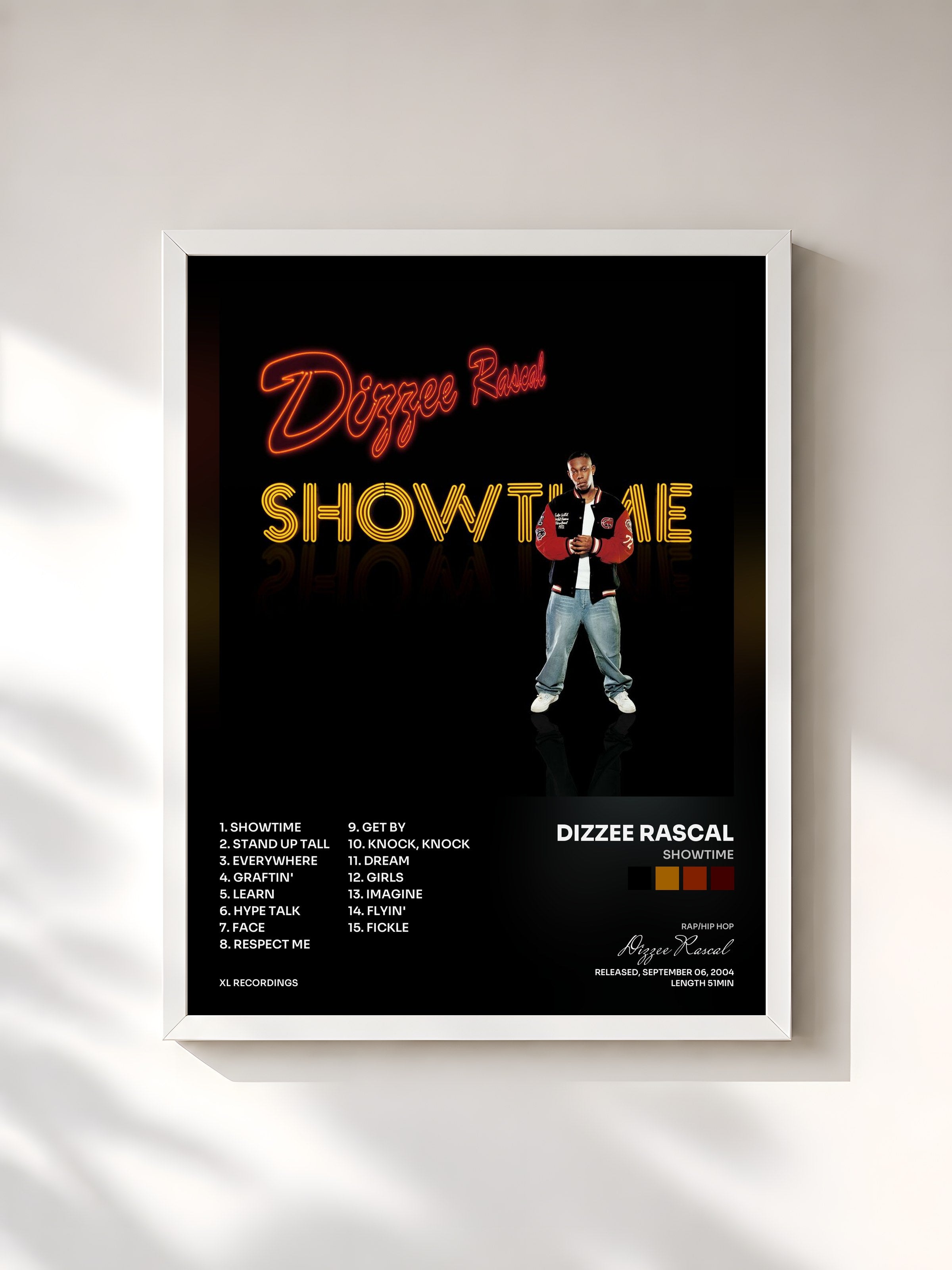 #blanc Tableau de l'album Showtime de Dizzee Rascal, cadre blanc, imprimé et encadré en France