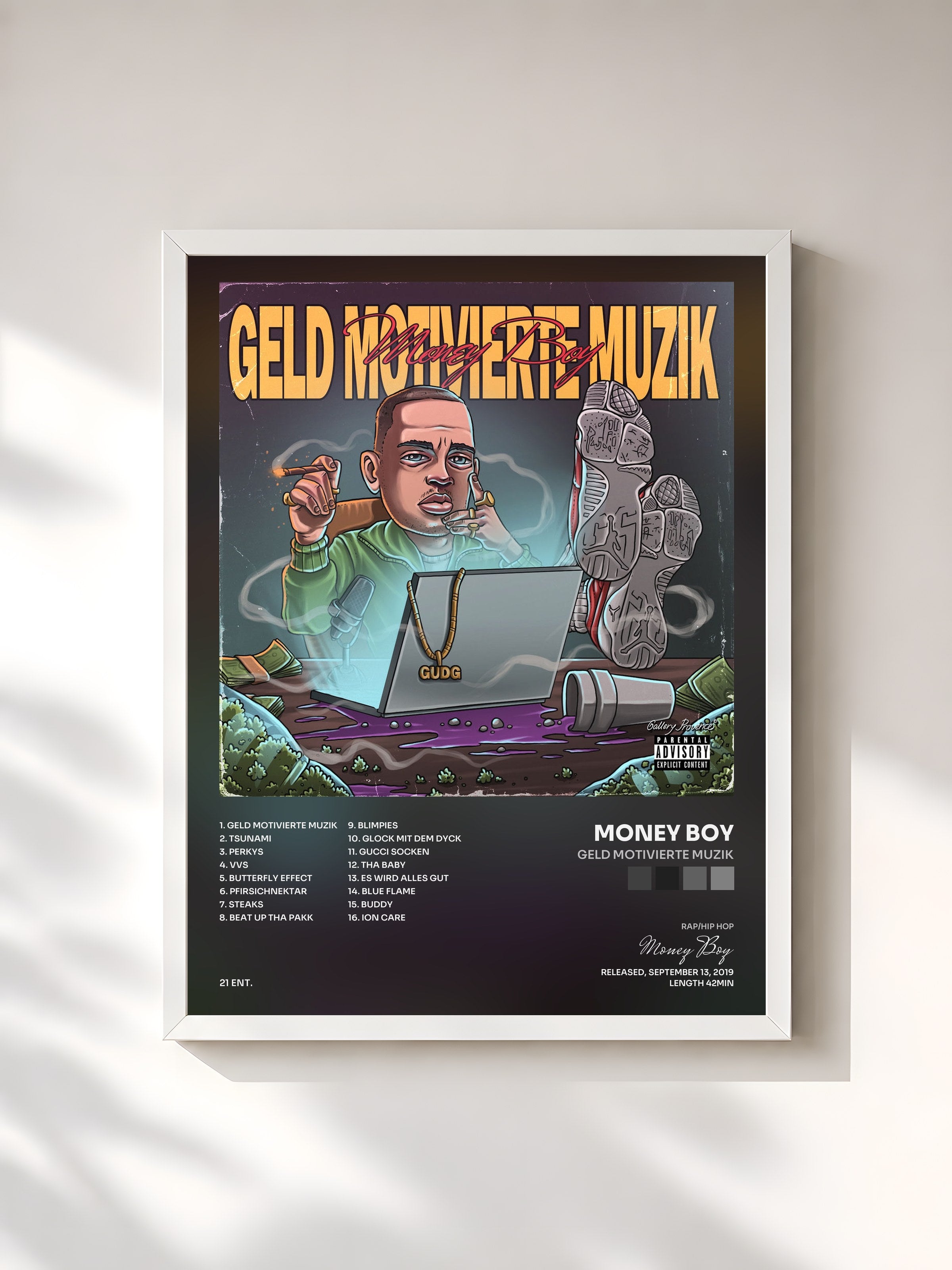 #blanc Tableau de l'album Geld Motivierte Muzik de Money Boy, cadre blanc, imprimé et encadré en France