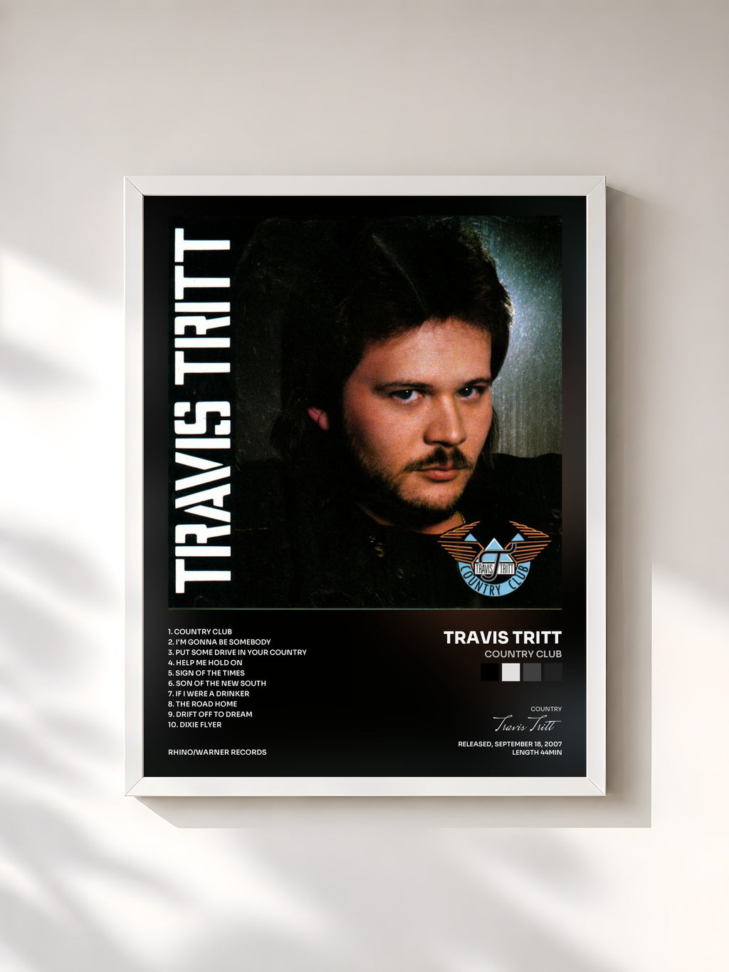 #blanc Tableau de l'album Country Club de Travis Tritt, cadre blanc, imprimé et encadré en France
