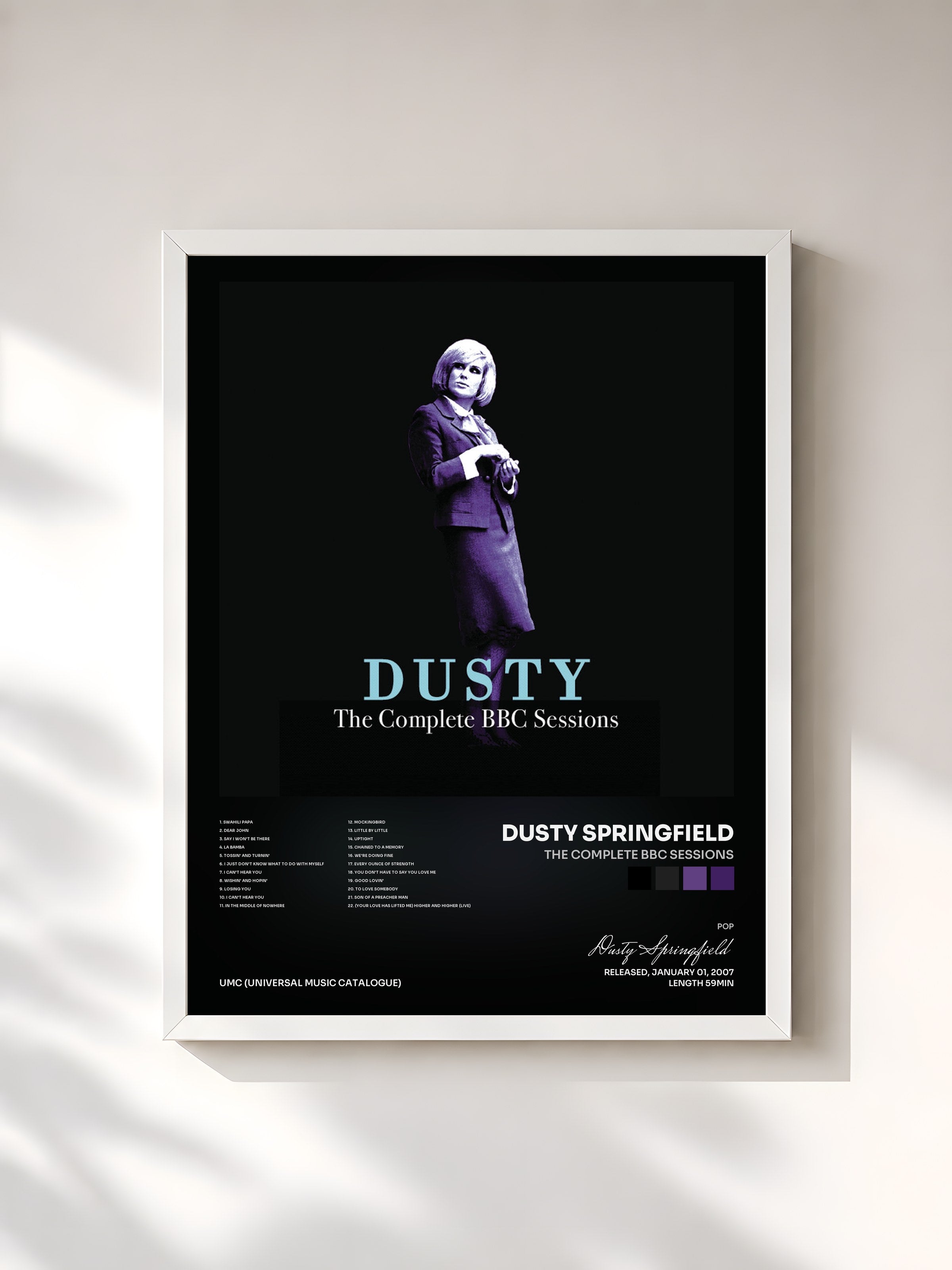 #blanc Tableau de l'album The Complete BBC Sessions de Dusty Springfield, cadre blanc, imprimé et encadré en France