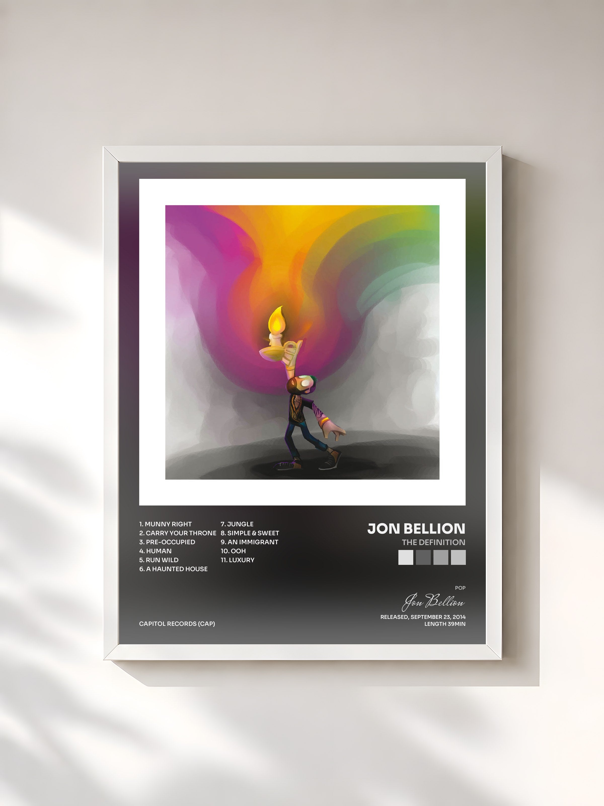 #blanc Tableau de l'album The Definition de Jon Bellion, cadre blanc, imprimé et encadré en France