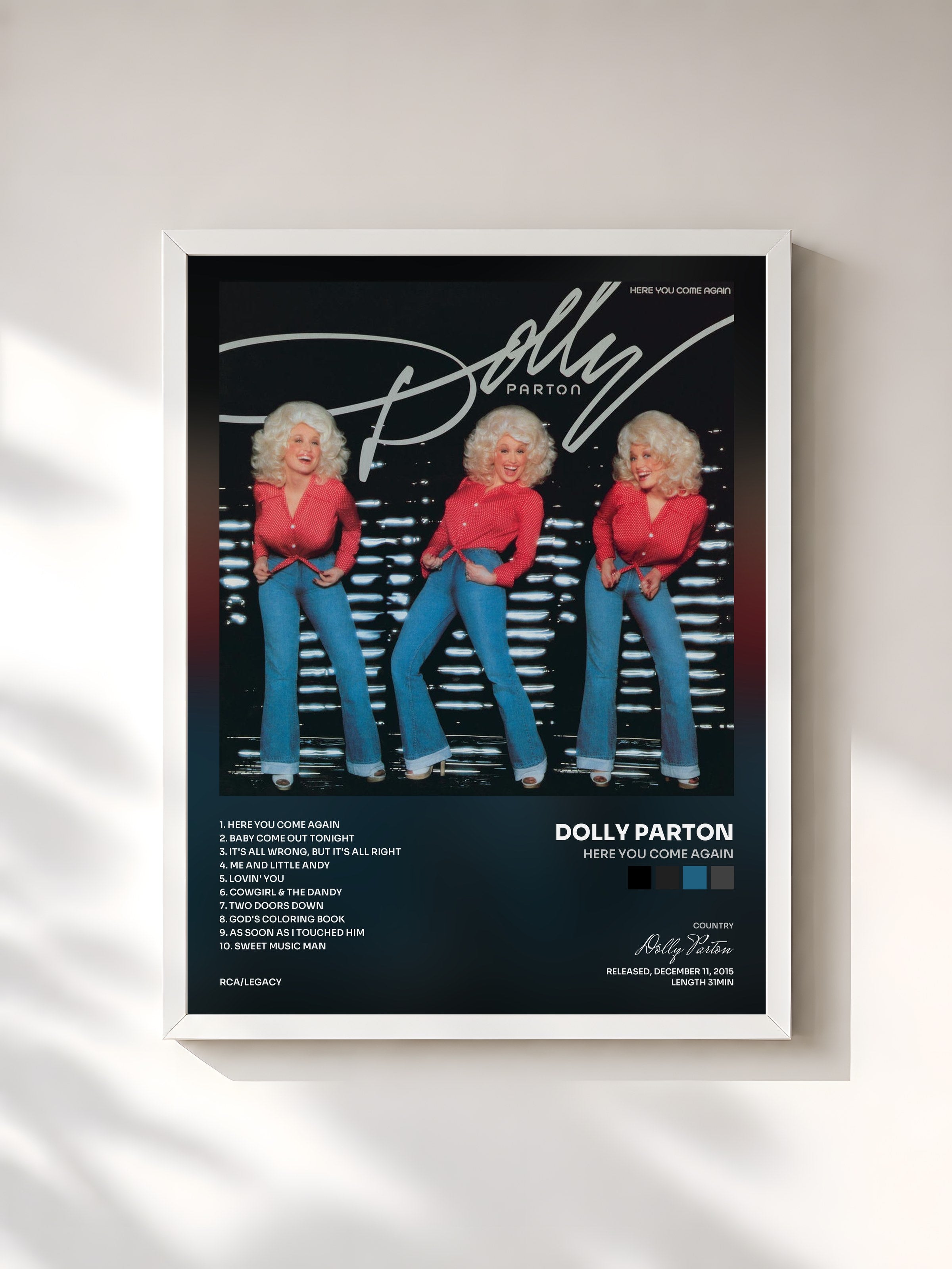 #blanc Tableau de l'album Here You Come Again de Dolly Parton, cadre blanc, imprimé et encadré en France