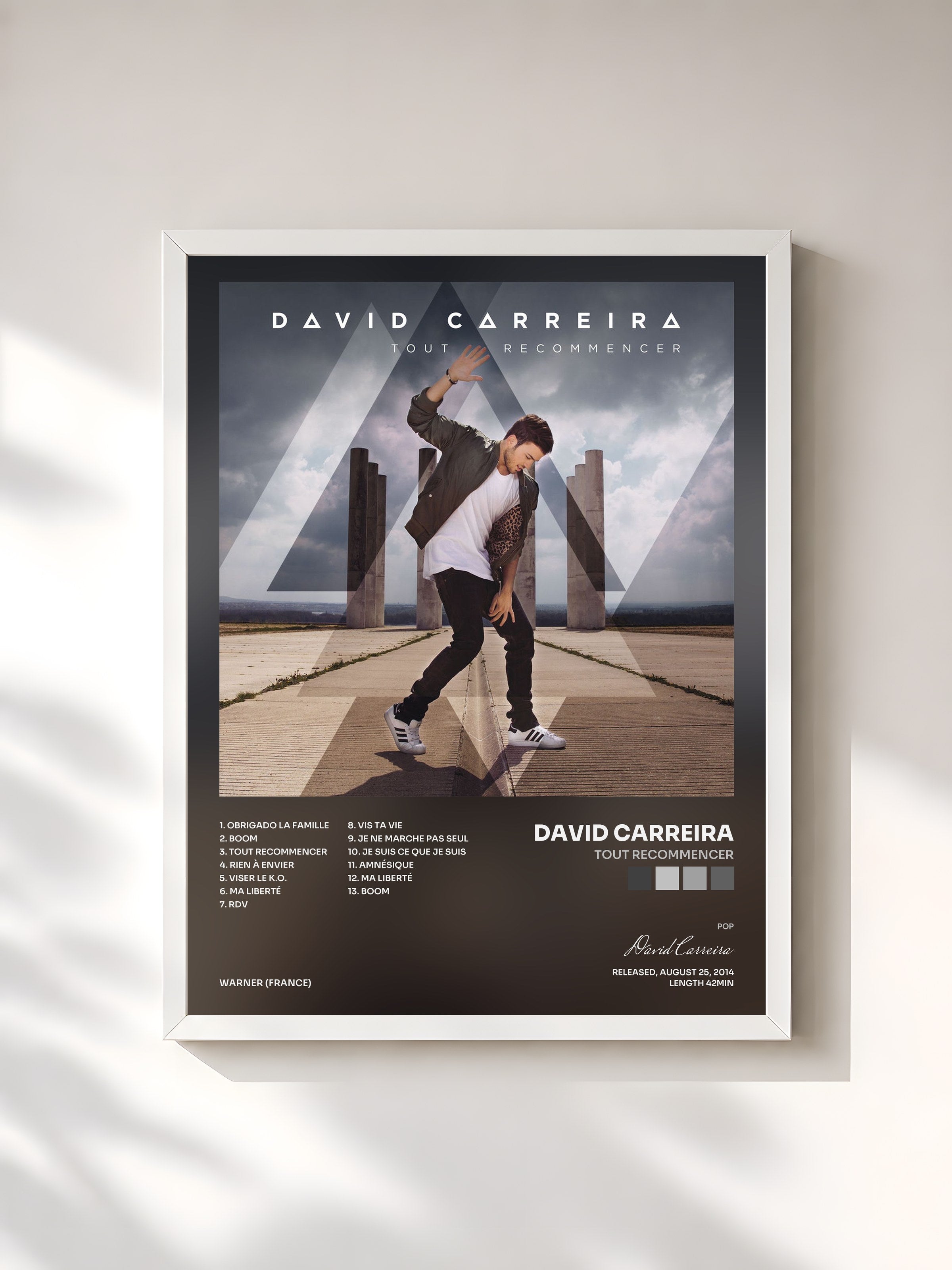 #blanc Tableau de l'album Tout recommencer de David Carreira, cadre blanc, imprimé et encadré en France