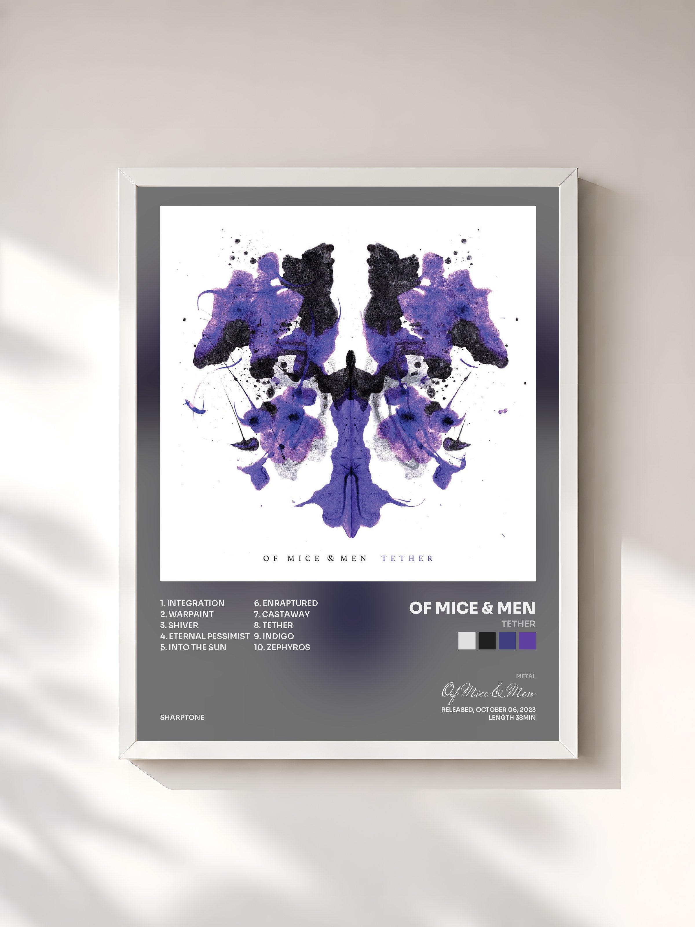#blanc Tableau de l'album Tether de Of Mice & Men, cadre blanc, imprimé et encadré en France