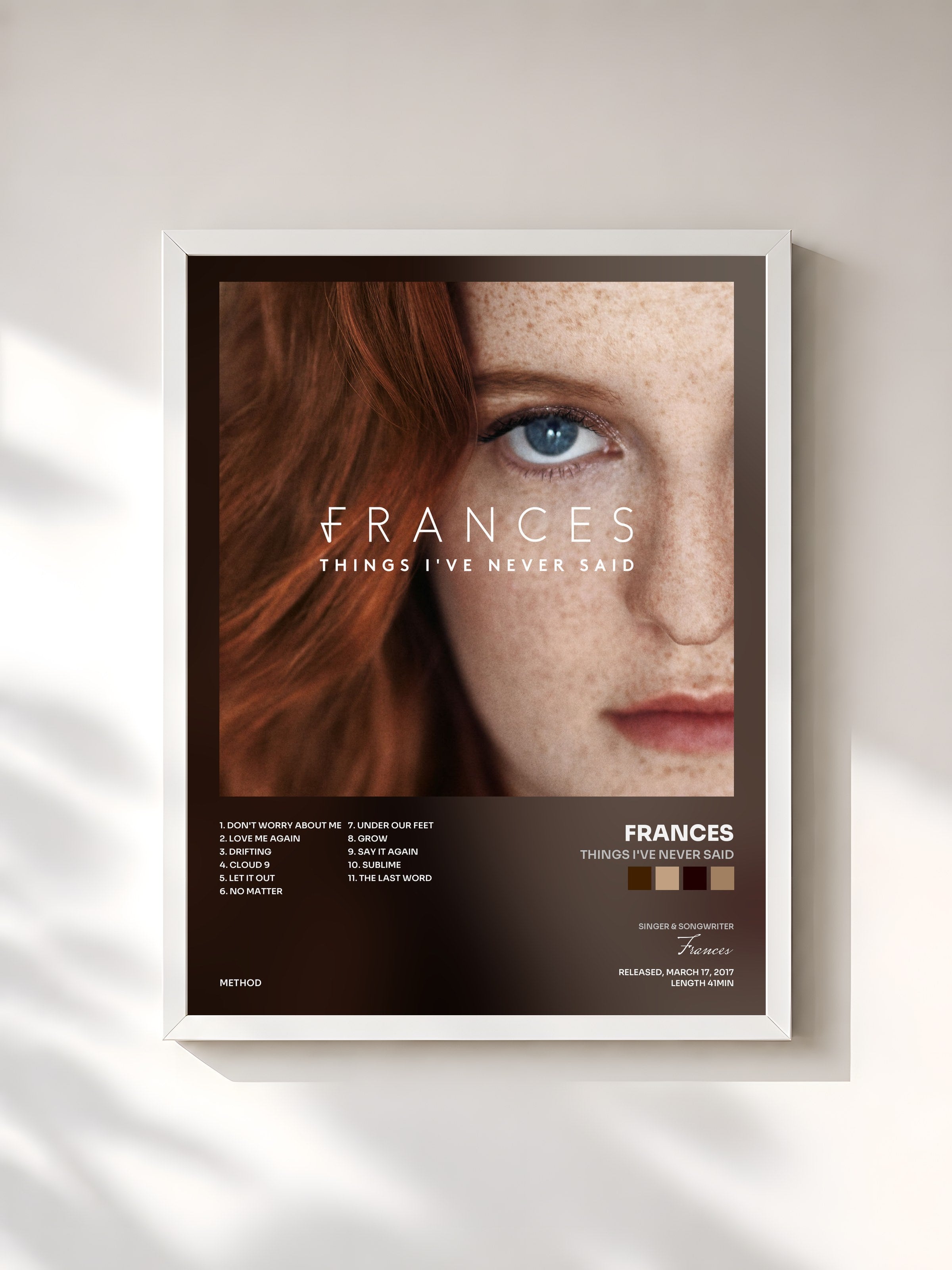 #blanc Tableau de l'album Things I've Never Said de Frances, cadre blanc, imprimé et encadré en France