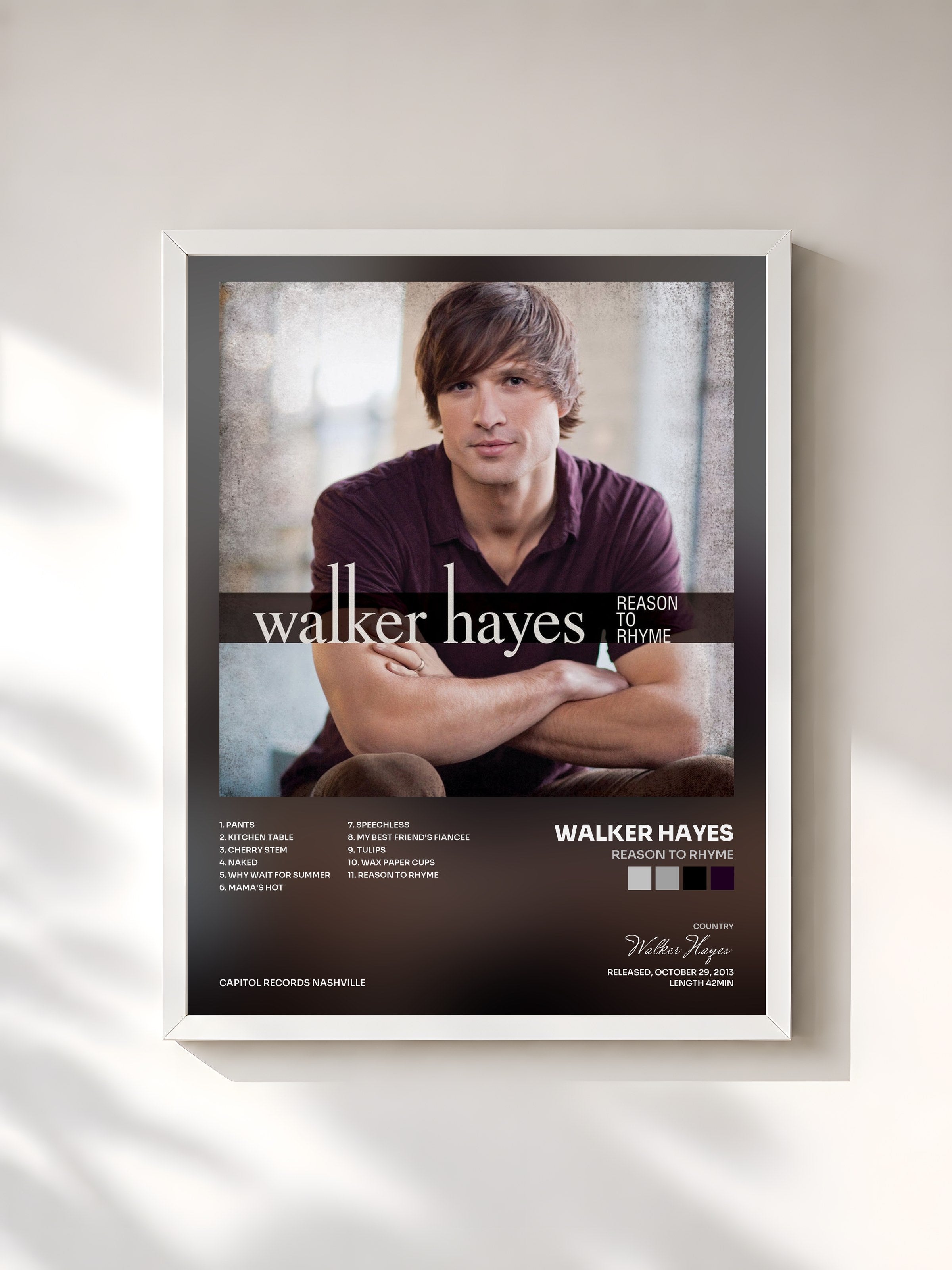 #blanc Tableau de l'album Reason To Rhyme de Walker Hayes, cadre blanc, imprimé et encadré en France