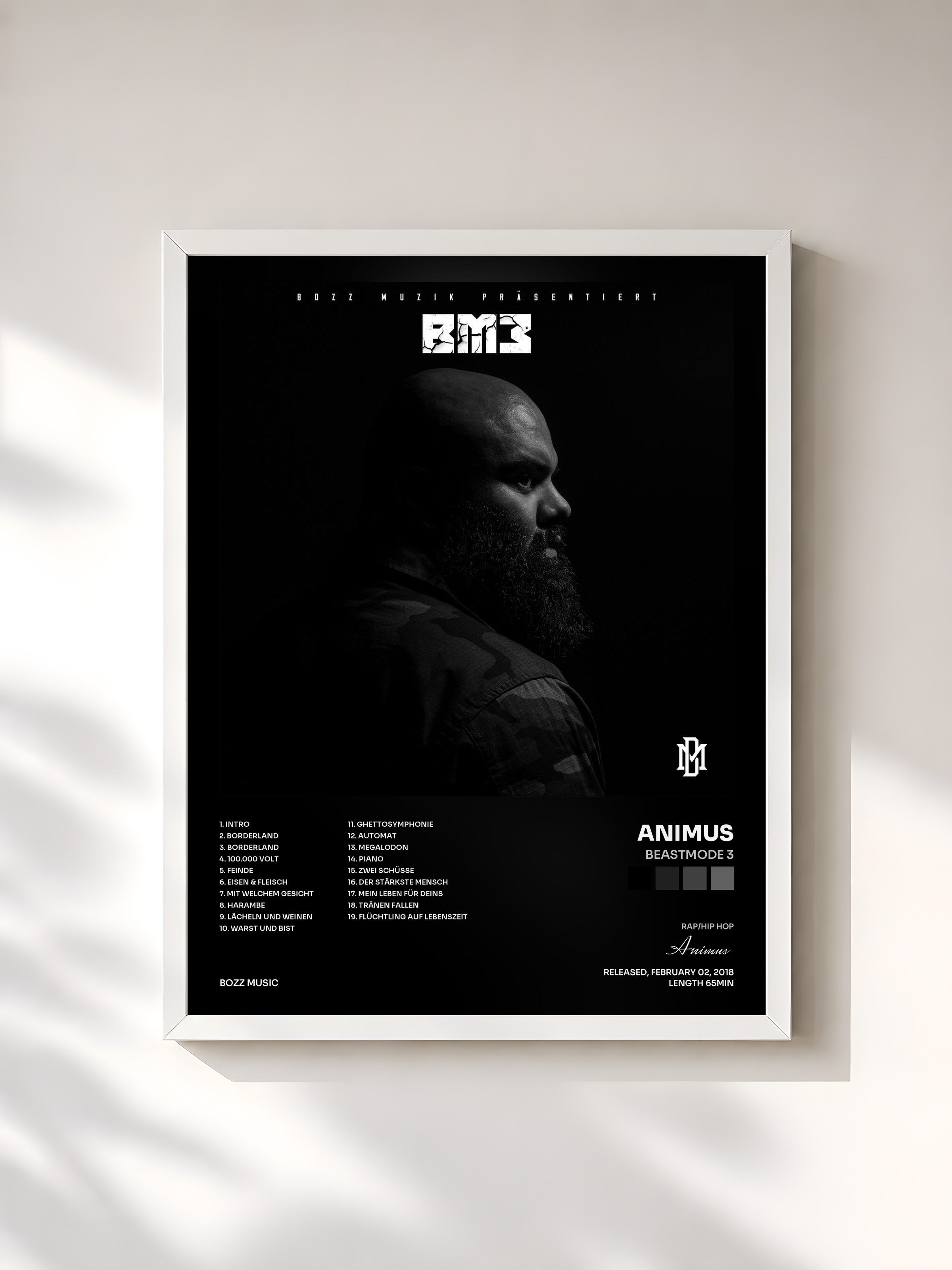 #blanc Tableau de l'album Beastmode 3 de Animus, cadre blanc, imprimé et encadré en France