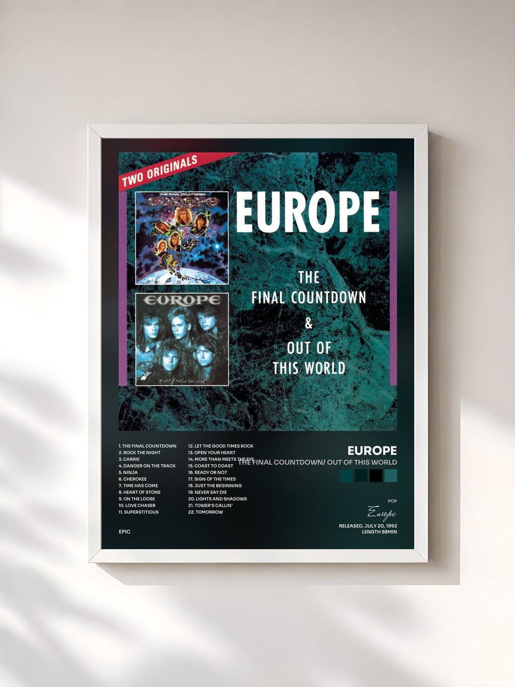 #blanc Tableau de l'album The Final Countdown/ Out Of This World de Europe, cadre blanc, imprimé et encadré en France