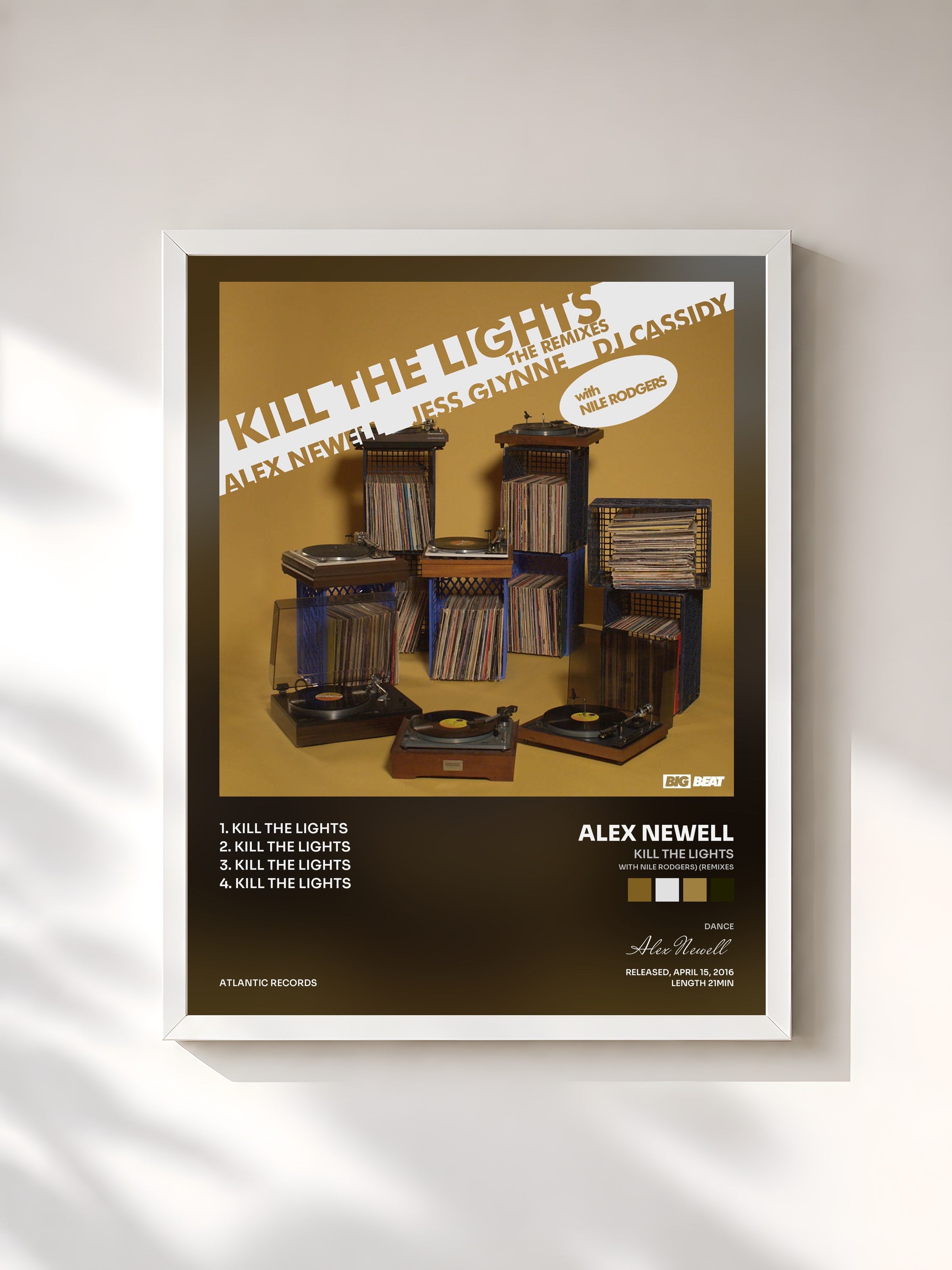 #blanc Tableau de l'album Kill The Lights (with Nile Rodgers) (Remixes) de Alex Newell, cadre blanc, imprimé et encadré en France