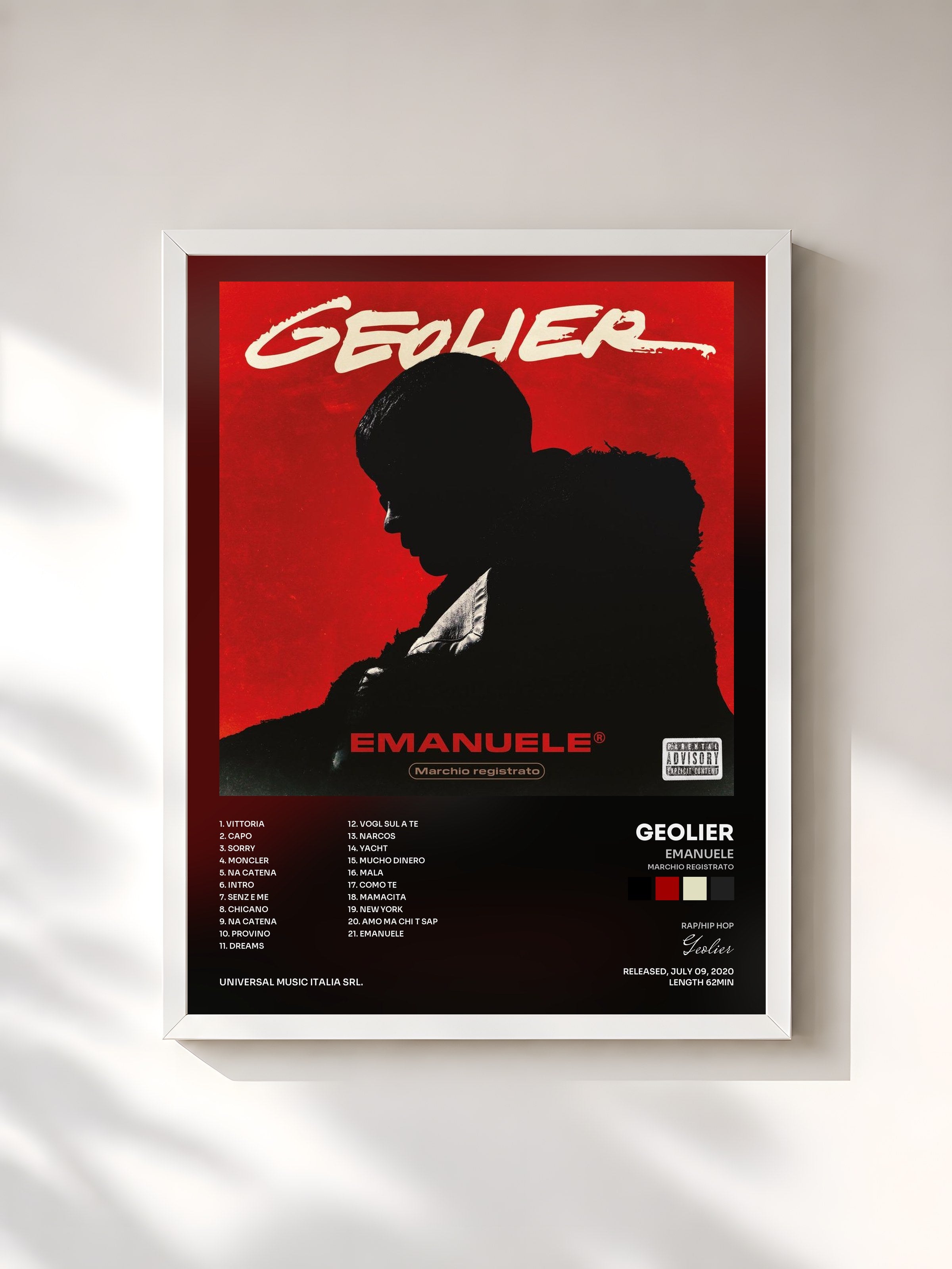 #blanc Tableau de l'album Emanuele (Marchio registrato) de Geolier, cadre blanc, imprimé et encadré en France