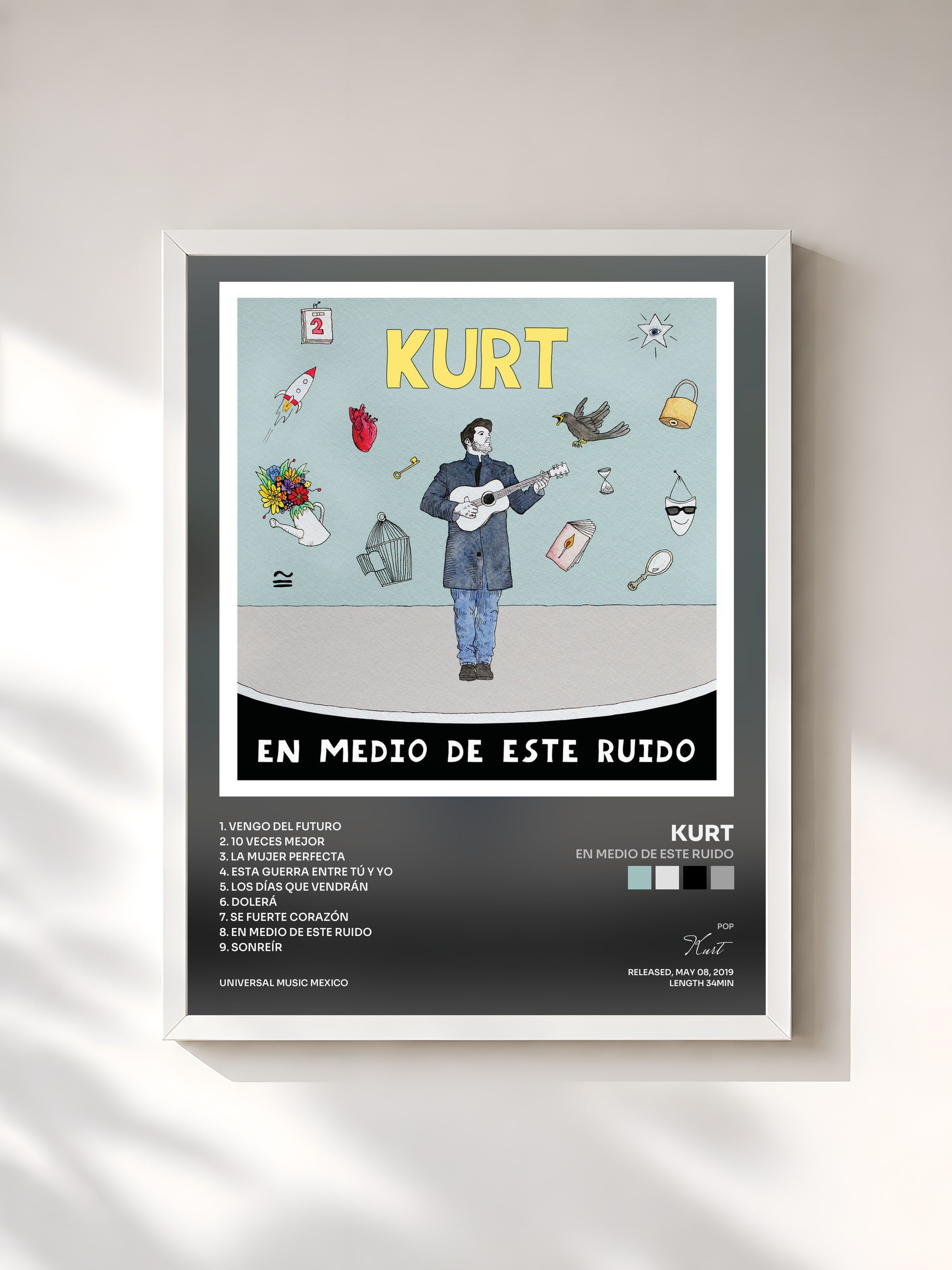#blanc Tableau de l'album En Medio De Este Ruido de Kurt, cadre blanc, imprimé et encadré en France