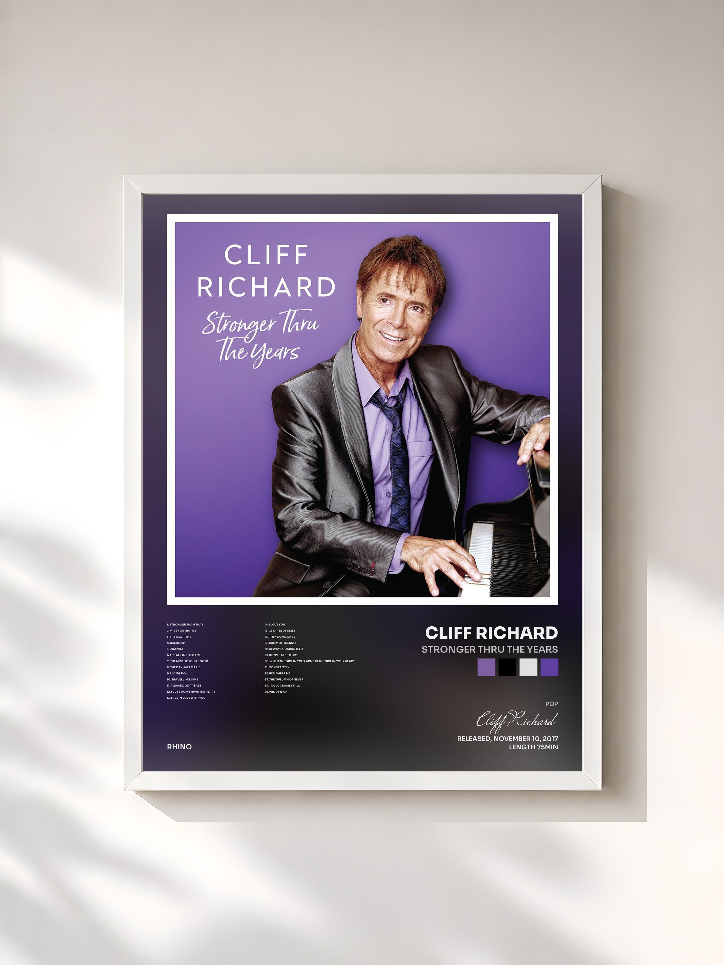 #blanc Tableau de l'album Stronger Thru the Years de Cliff Richard, cadre blanc, imprimé et encadré en France