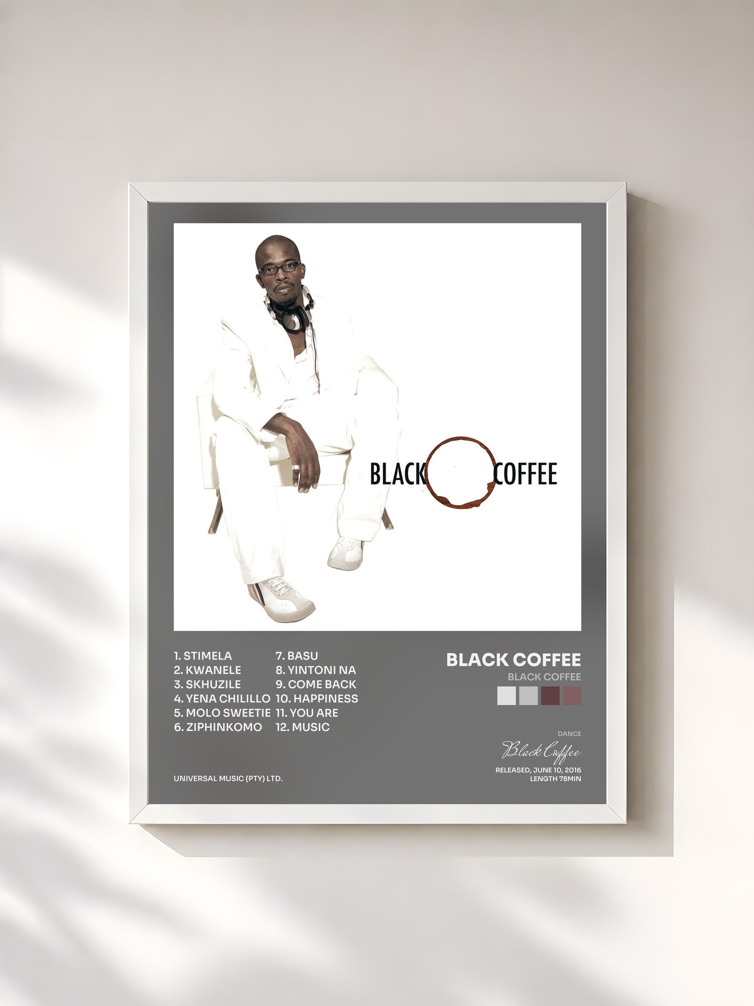 #blanc Tableau de l'album Black Coffee de Black Coffee, cadre blanc, imprimé et encadré en France