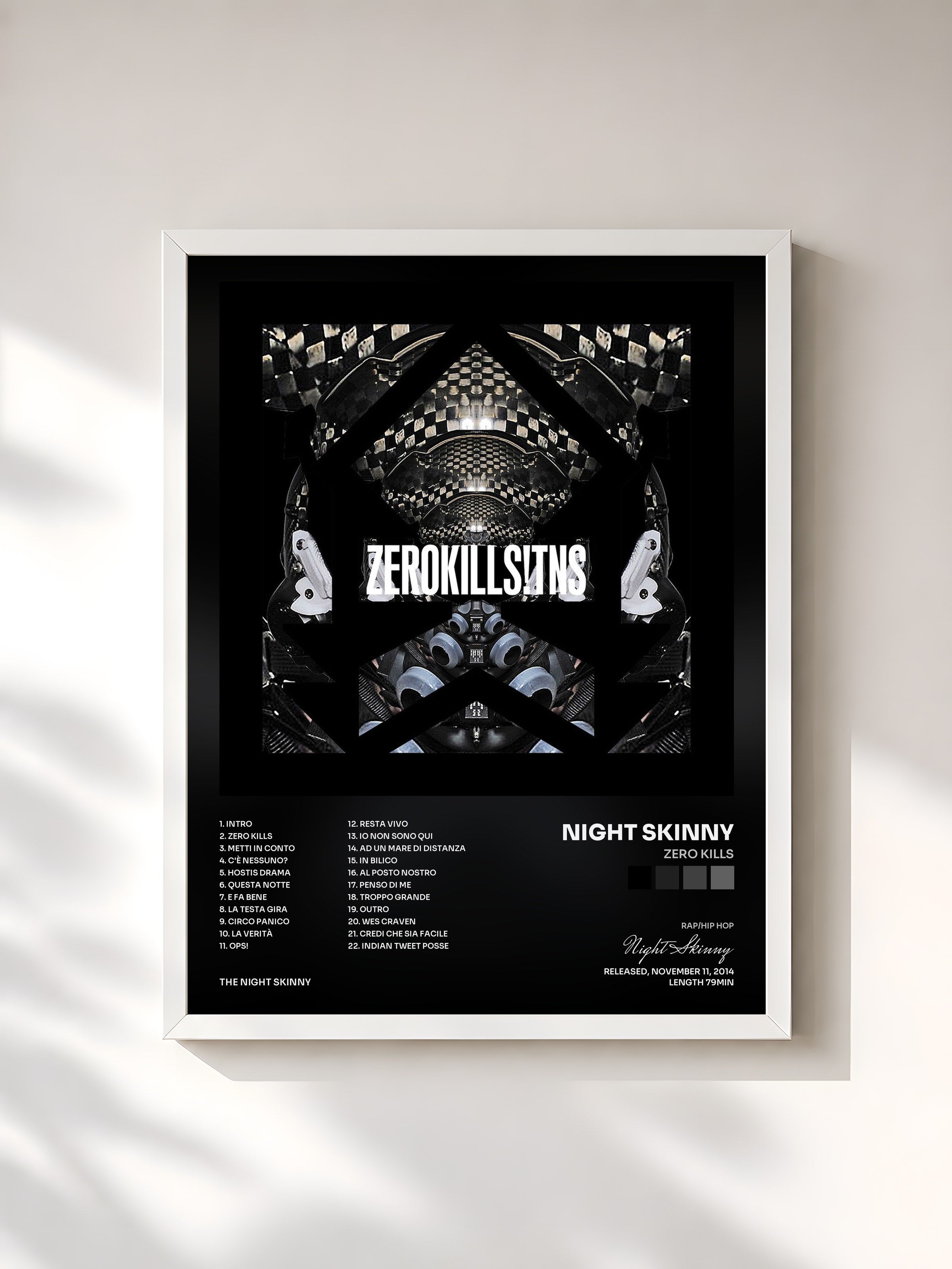 #blanc Tableau de l'album Zero Kills de Night Skinny, cadre blanc, imprimé et encadré en France