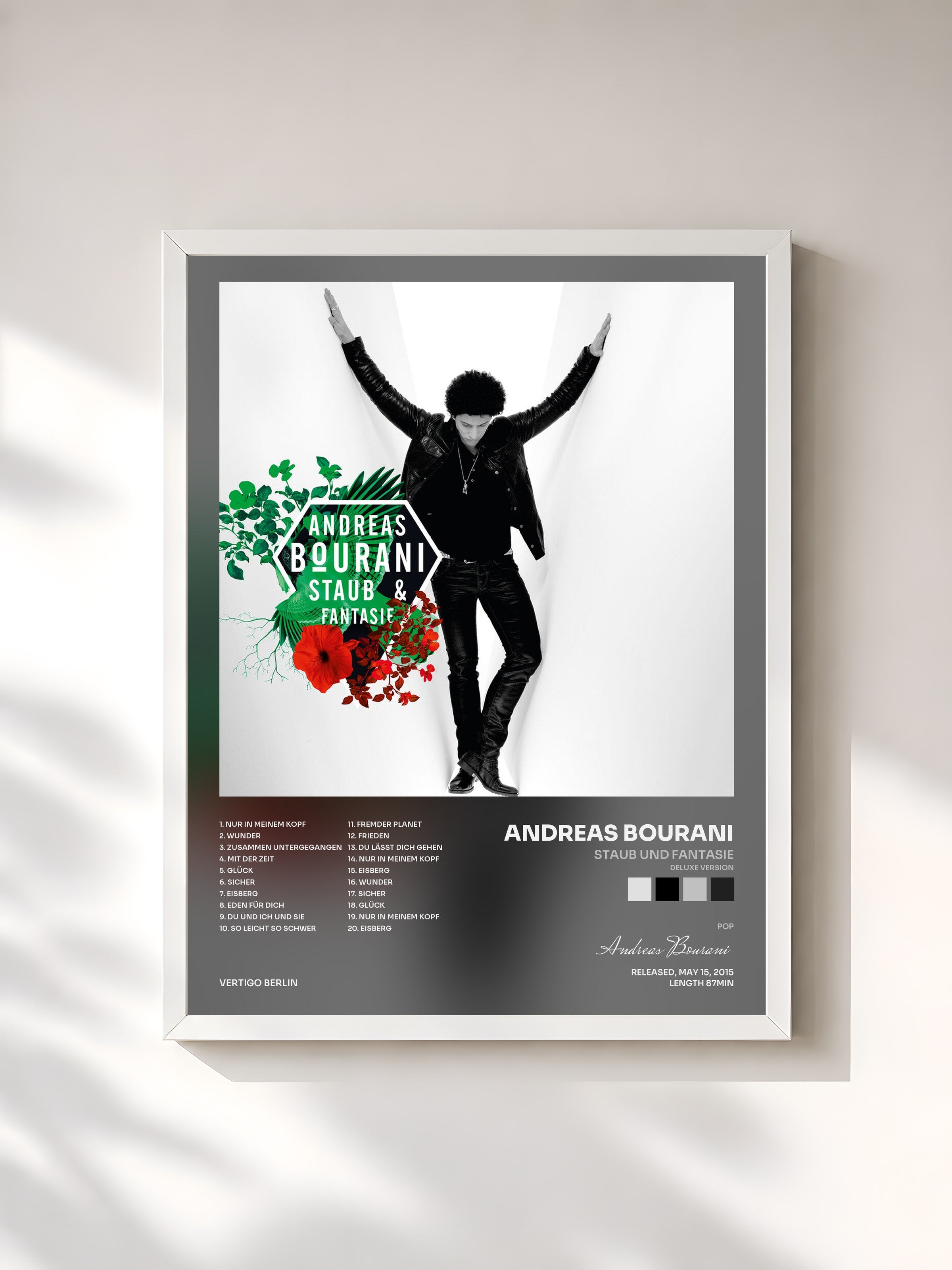 #blanc Tableau de l'album Staub und Fantasie (Deluxe Version) de Andreas Bourani, cadre blanc, imprimé et encadré en France