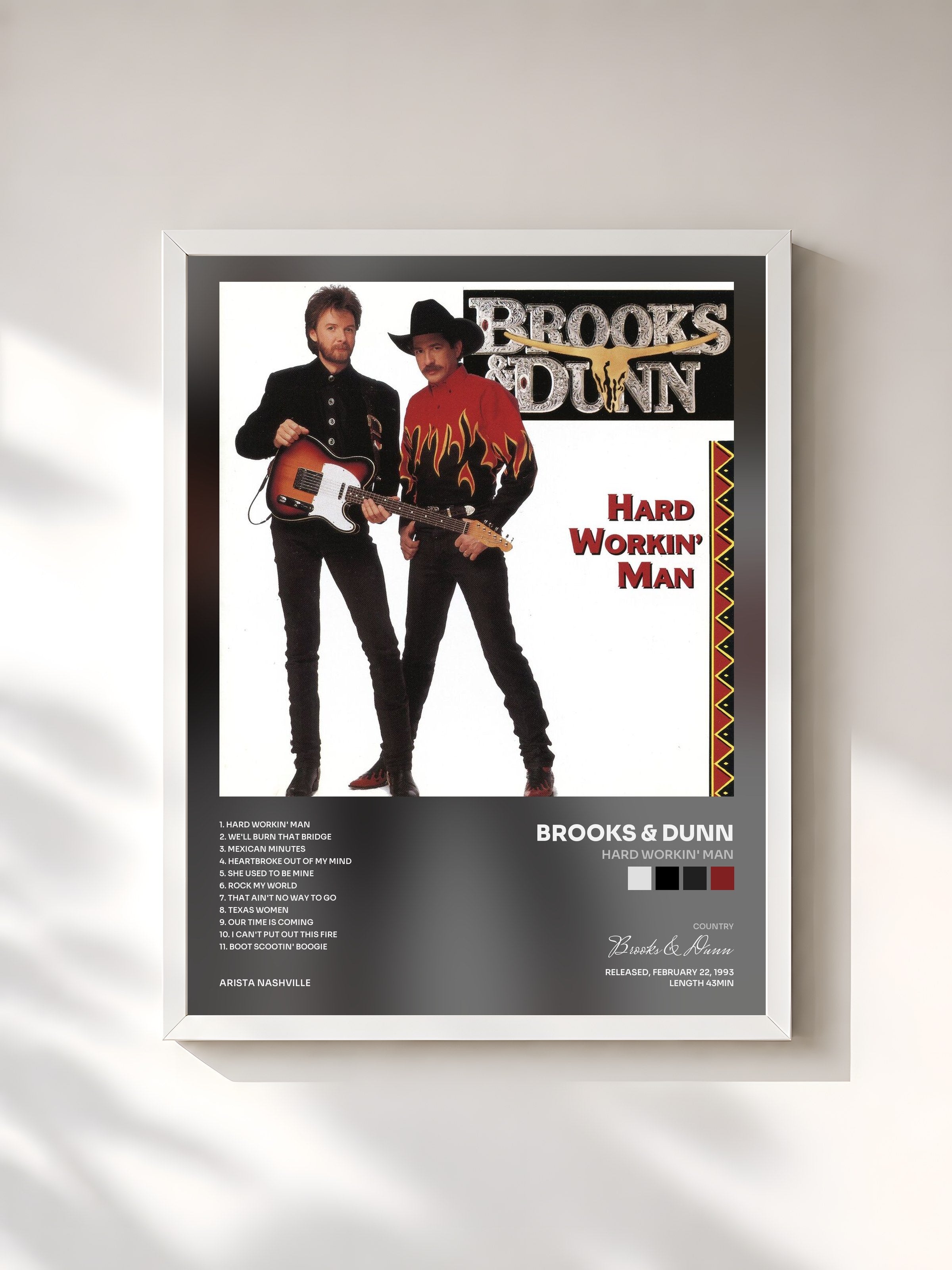#blanc Tableau de l'album Hard Workin' Man de Brooks & Dunn, cadre blanc, imprimé et encadré en France