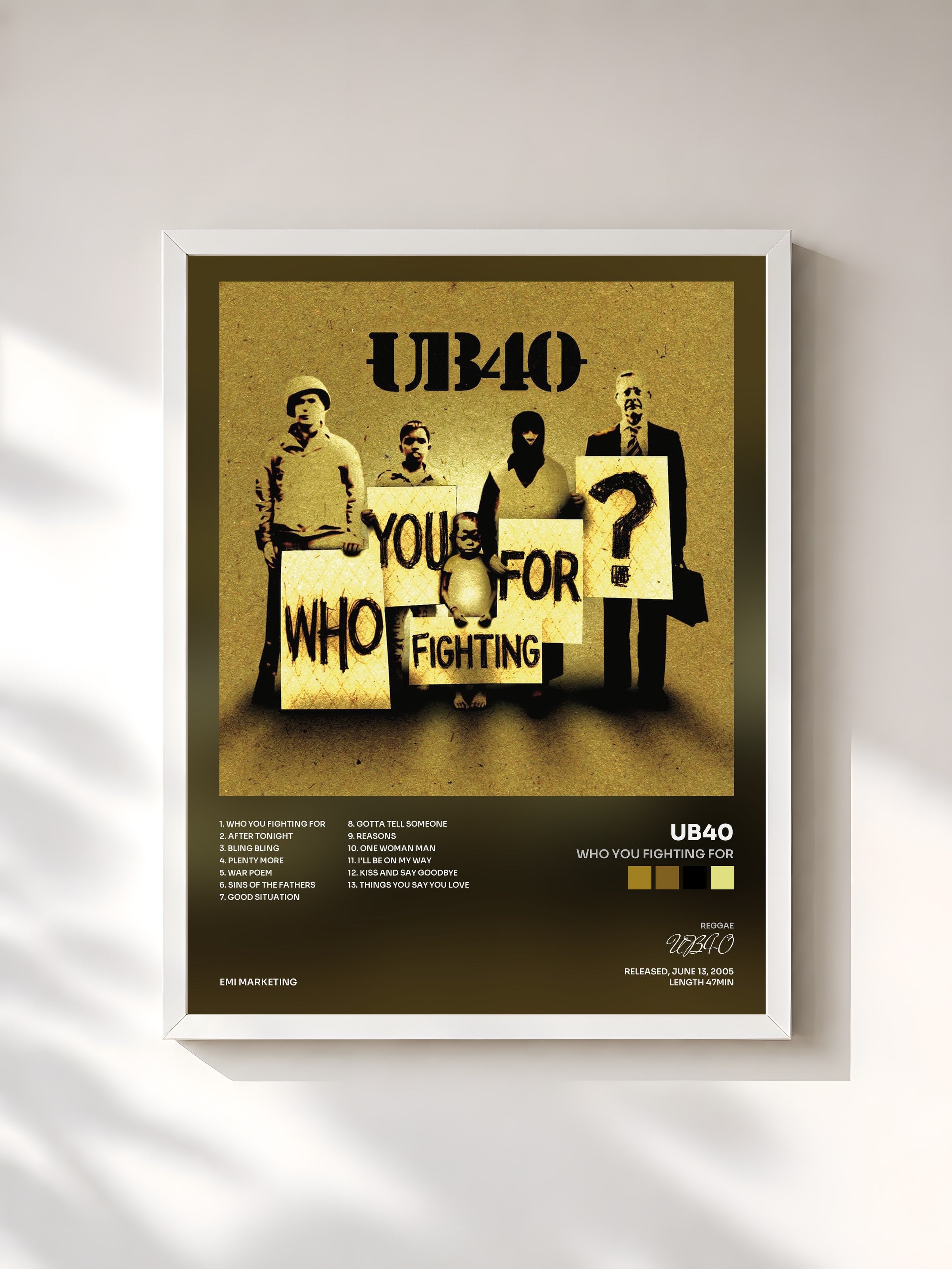 #blanc Tableau de l'album Who You Fighting For de UB40, cadre blanc, imprimé et encadré en France
