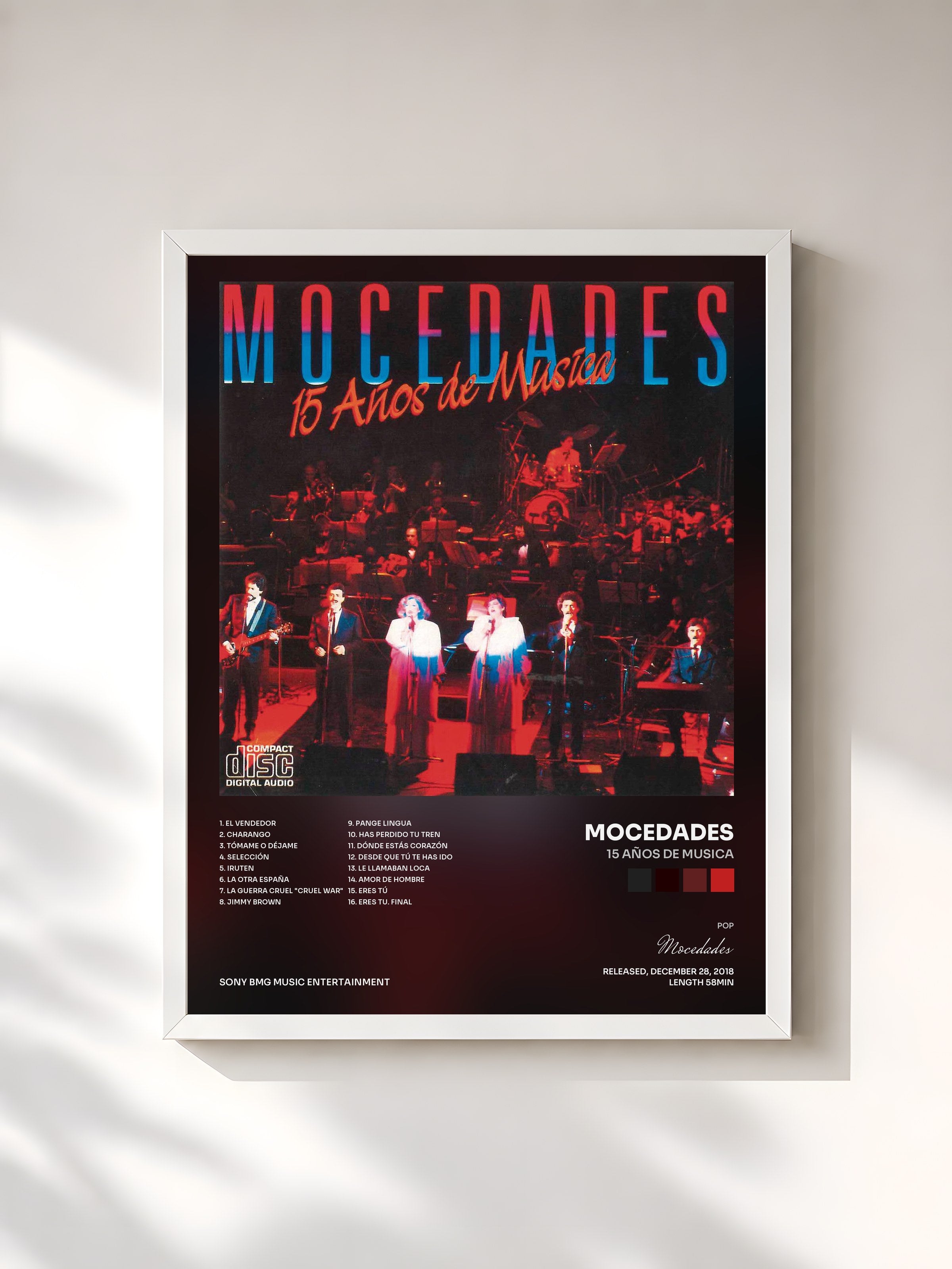 #blanc Tableau de l'album 15 Años De Musica de Mocedades, cadre blanc, imprimé et encadré en France