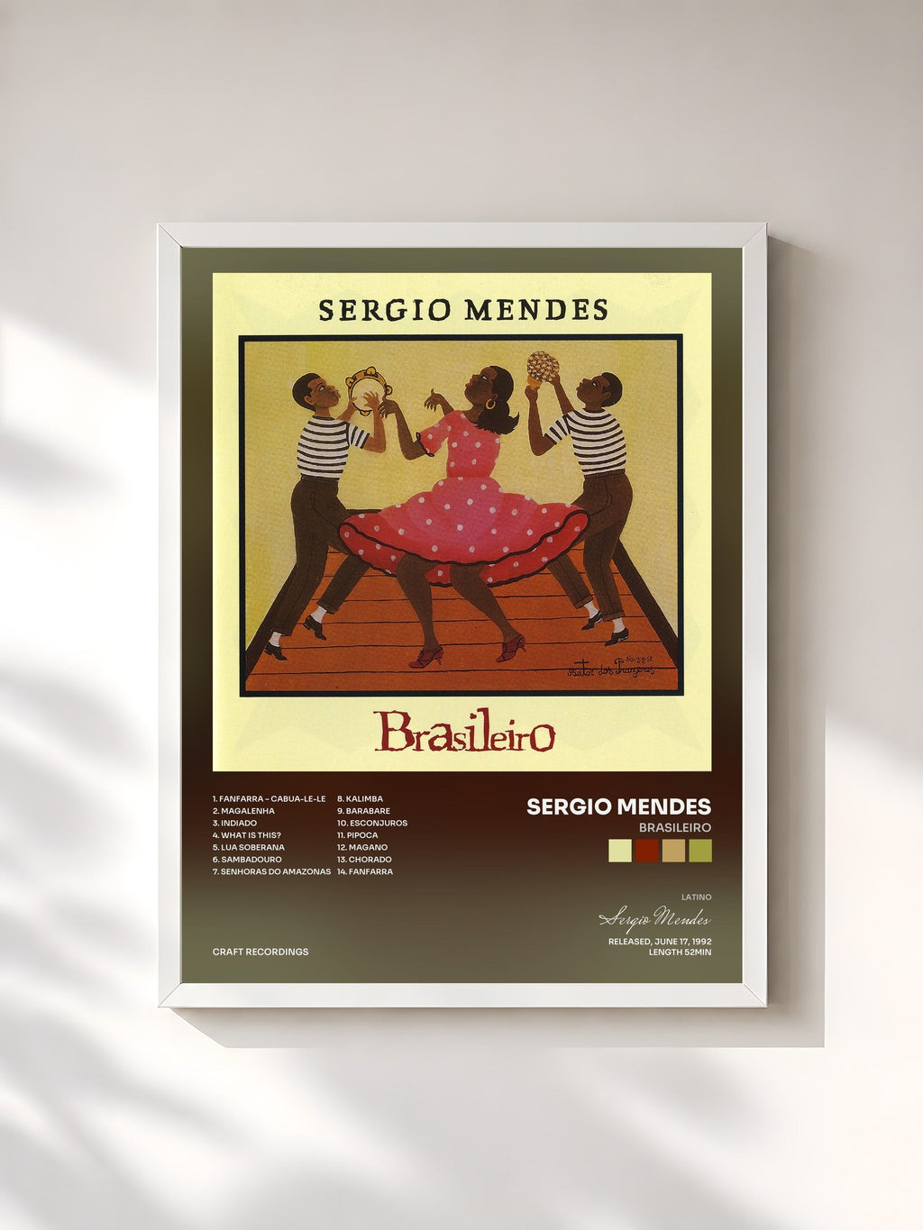 #blanc Tableau de l'album Brasileiro de Sergio Mendes, cadre blanc, imprimé et encadré en France