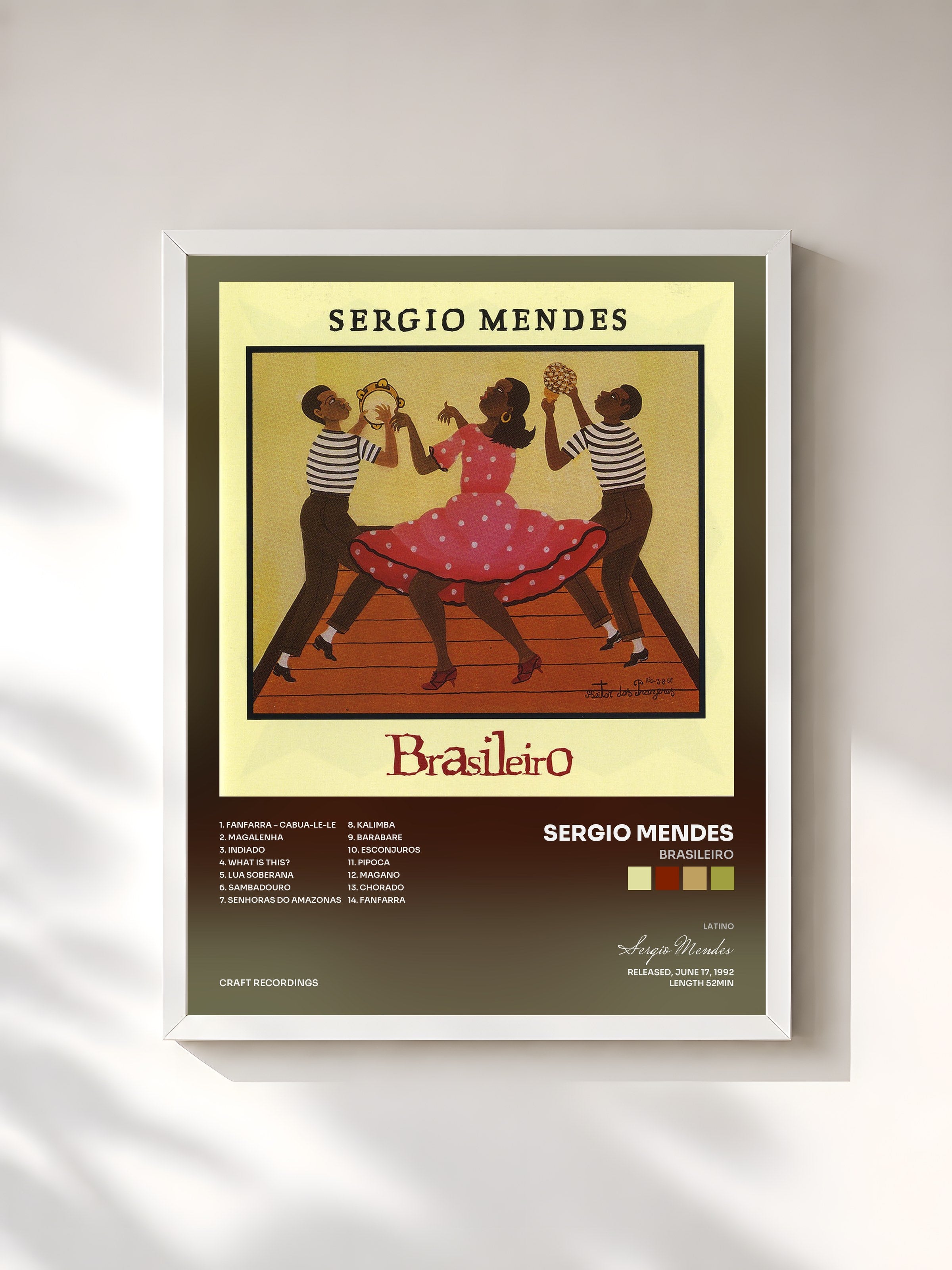 #blanc Tableau de l'album Brasileiro de Sergio Mendes, cadre blanc, imprimé et encadré en France